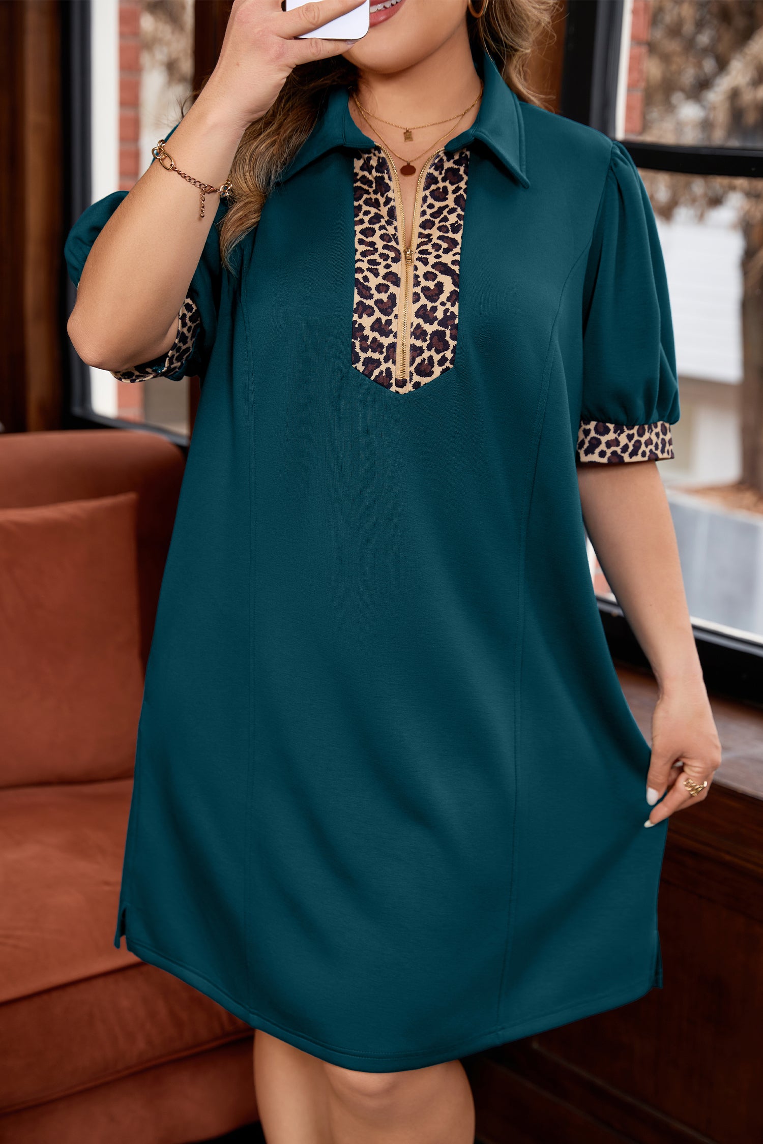 Sea Green Leopard Patchwork Detail Quarter Zip Collared Plus Size Mini Dress-TOPS / DRESSES-[Adult]-[Female]-2022 Online Blue Zone Planet