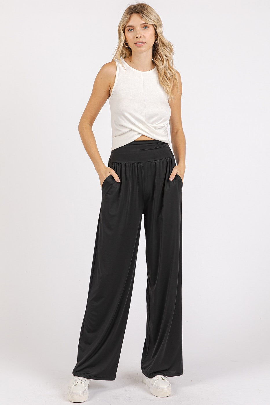 Blue Zone Planet | Mittoshop Stretch Banded Waist Wide Leg Pants with Pockets-BOTTOMS SIZES SMALL MEDIUM LARGE-[Adult]-[Female]-2022 Online Blue Zone Planet