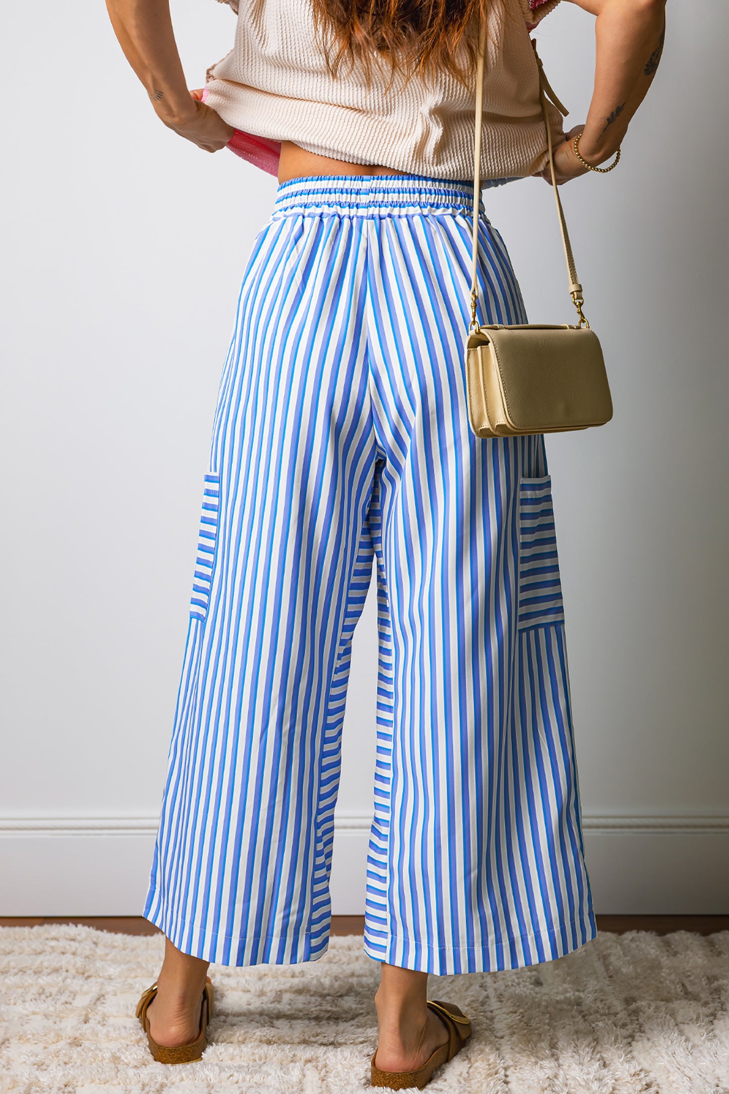 Sky Blue Stripe Drawstring Elastic Waist Patch Pocket Wide Leg Ankle-Length Pants-Bottoms/Pants & Culotte-[Adult]-[Female]-2022 Online Blue Zone Planet