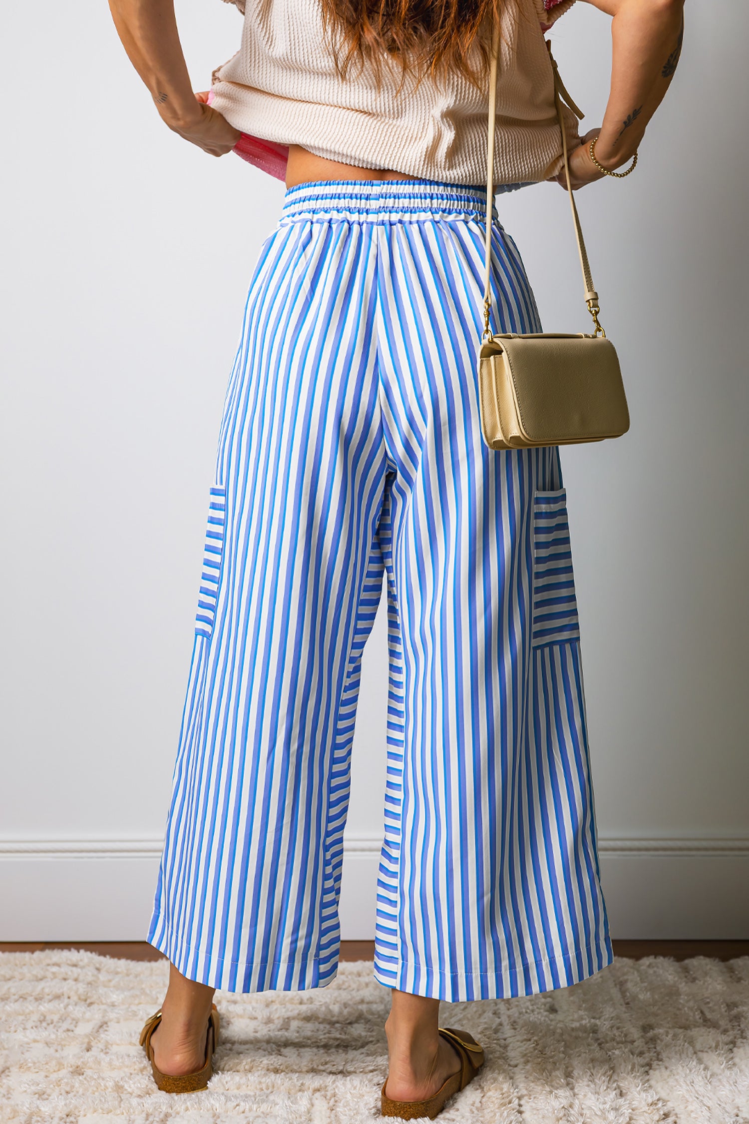 Sky Blue Stripe Drawstring Elastic Waist Patch Pocket Wide Leg Ankle-Length Pants-Bottoms/Pants & Culotte-[Adult]-[Female]-2022 Online Blue Zone Planet