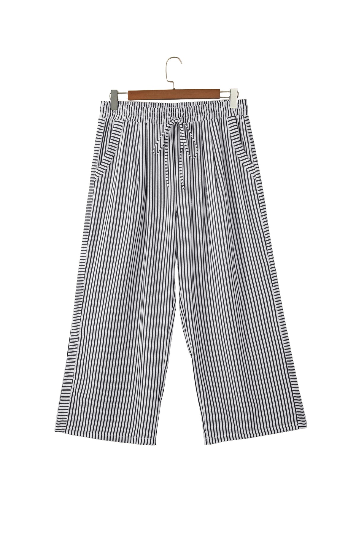 Black Stripe Plus Size Tie Waist Loose Pants-Plus Size/Plus Size Bottoms-[Adult]-[Female]-2022 Online Blue Zone Planet