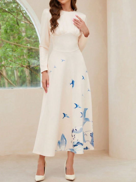 Printed Round Neck Long Sleeve Midi Dress-TOPS / DRESSES-[Adult]-[Female]-Cream-S-2022 Online Blue Zone Planet