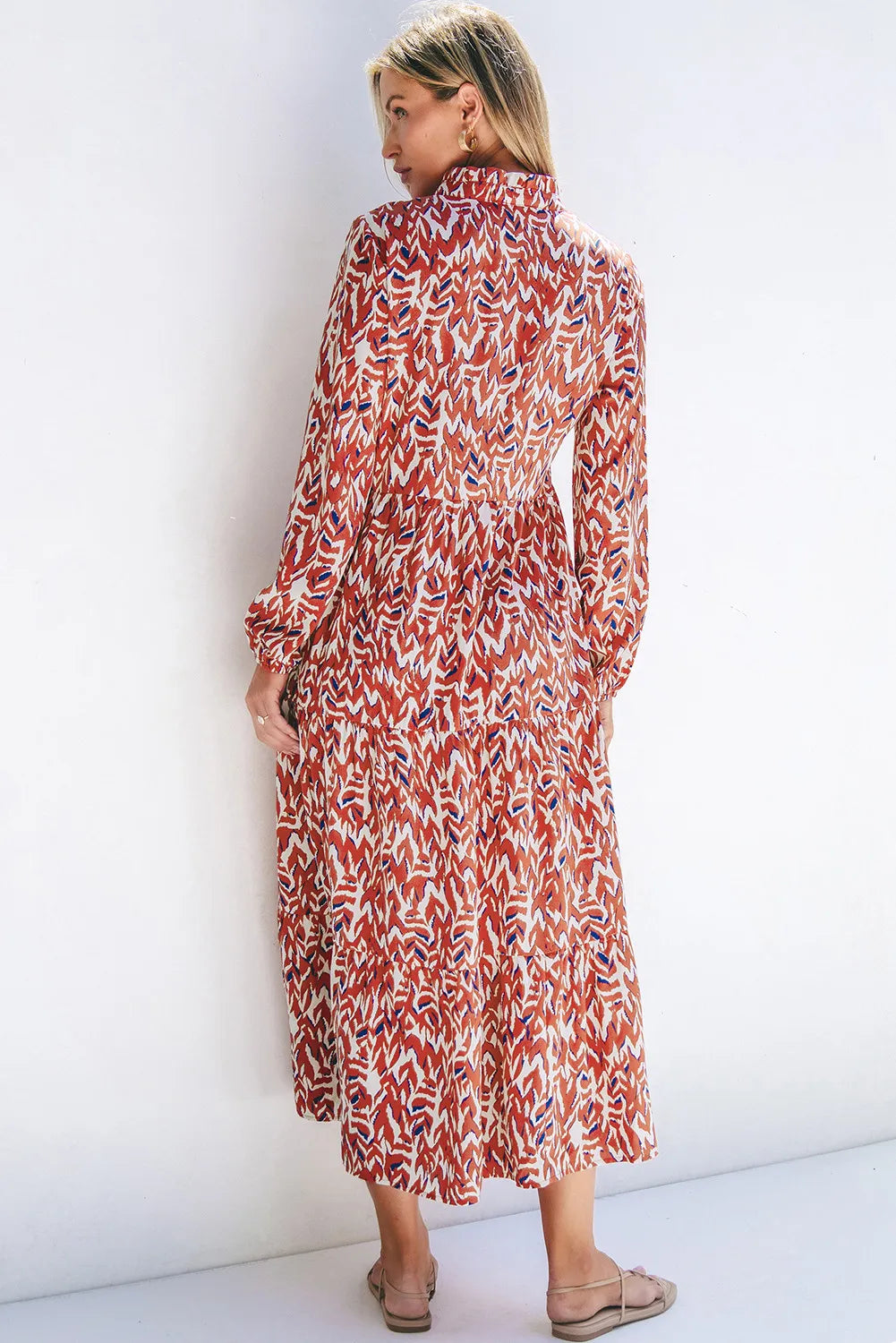 Printed Notched Long Sleeve Dress-TOPS / DRESSES-[Adult]-[Female]-2022 Online Blue Zone Planet