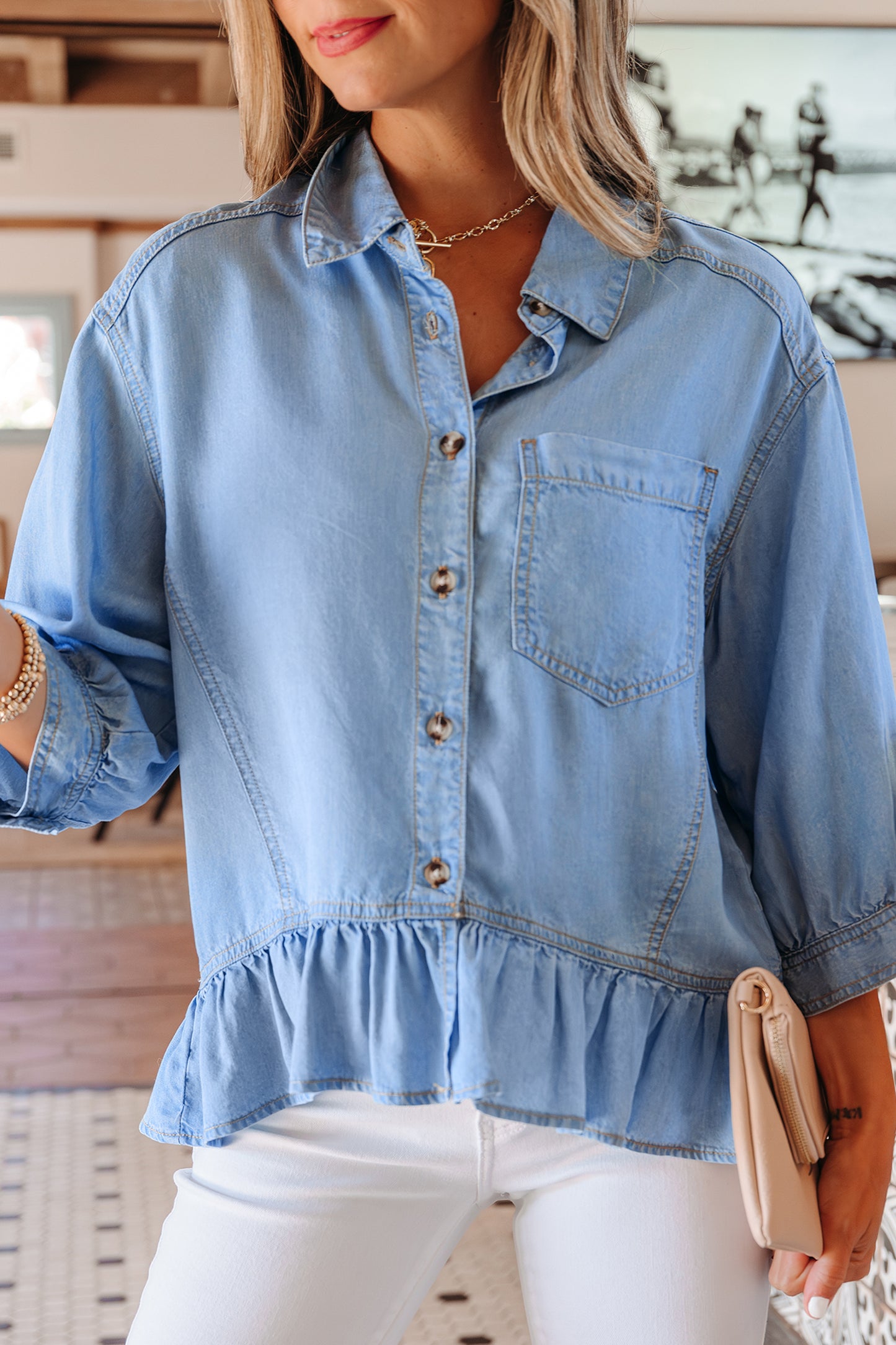 Beau Blue Half Sleeve Button Down Ruffled High Low Chambray Shirt-Tops/Blouses & Shirts-[Adult]-[Female]-2022 Online Blue Zone Planet