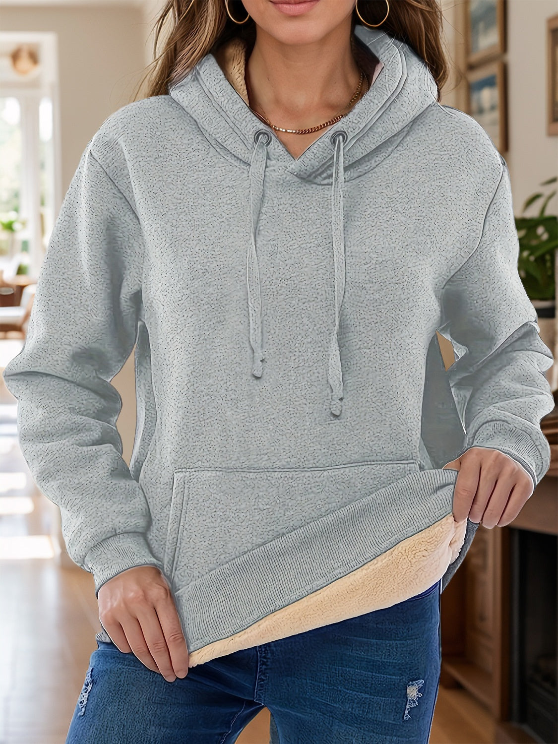 Drawstring Long Sleeve Hoodie with Kangaroo Pocket-TOPS / DRESSES-[Adult]-[Female]-Light Gray-S-2022 Online Blue Zone Planet