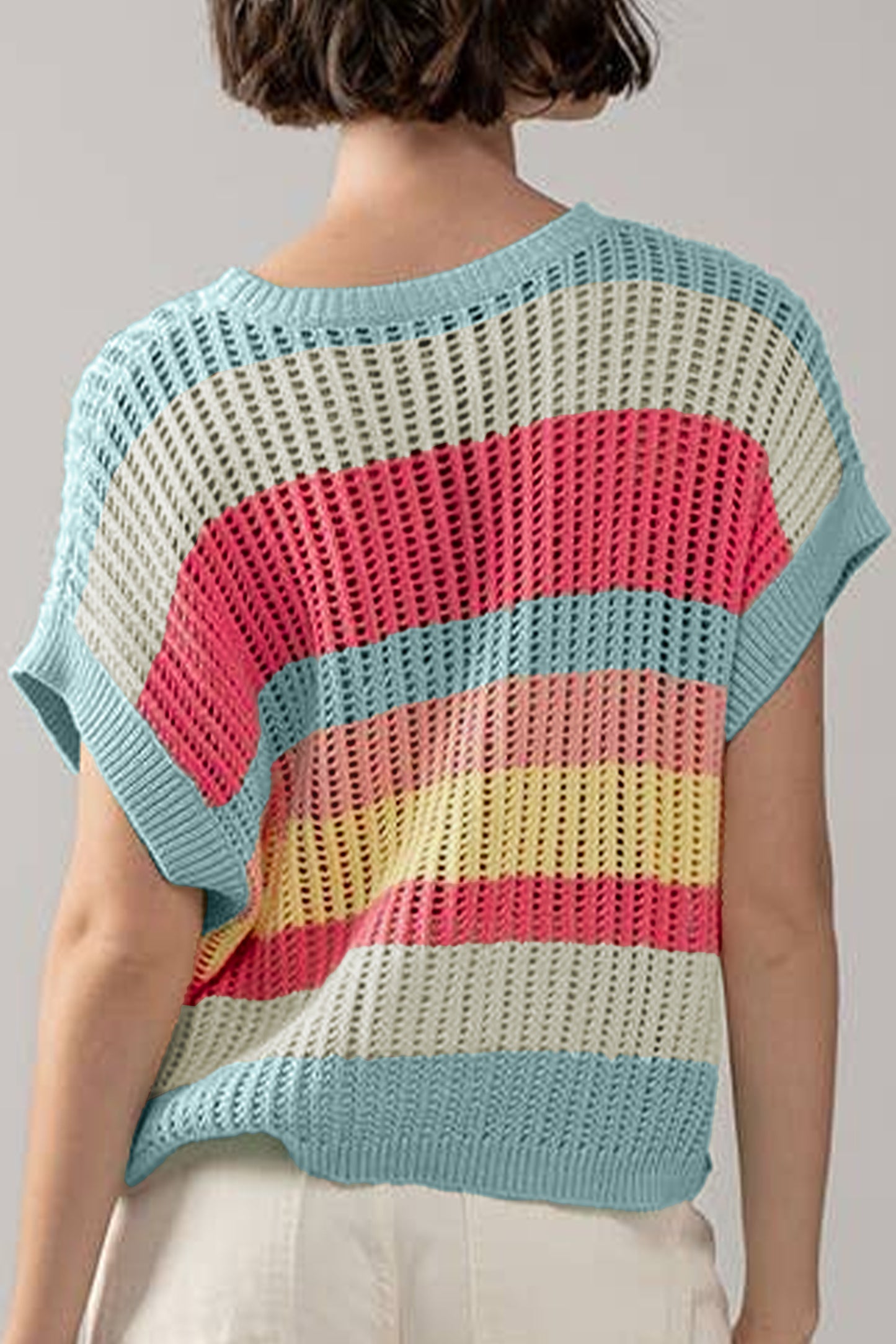 Green Stripe Color Block Hollow Out Knit Short Sleeve Sweater-TOPS / DRESSES-[Adult]-[Female]-2022 Online Blue Zone Planet