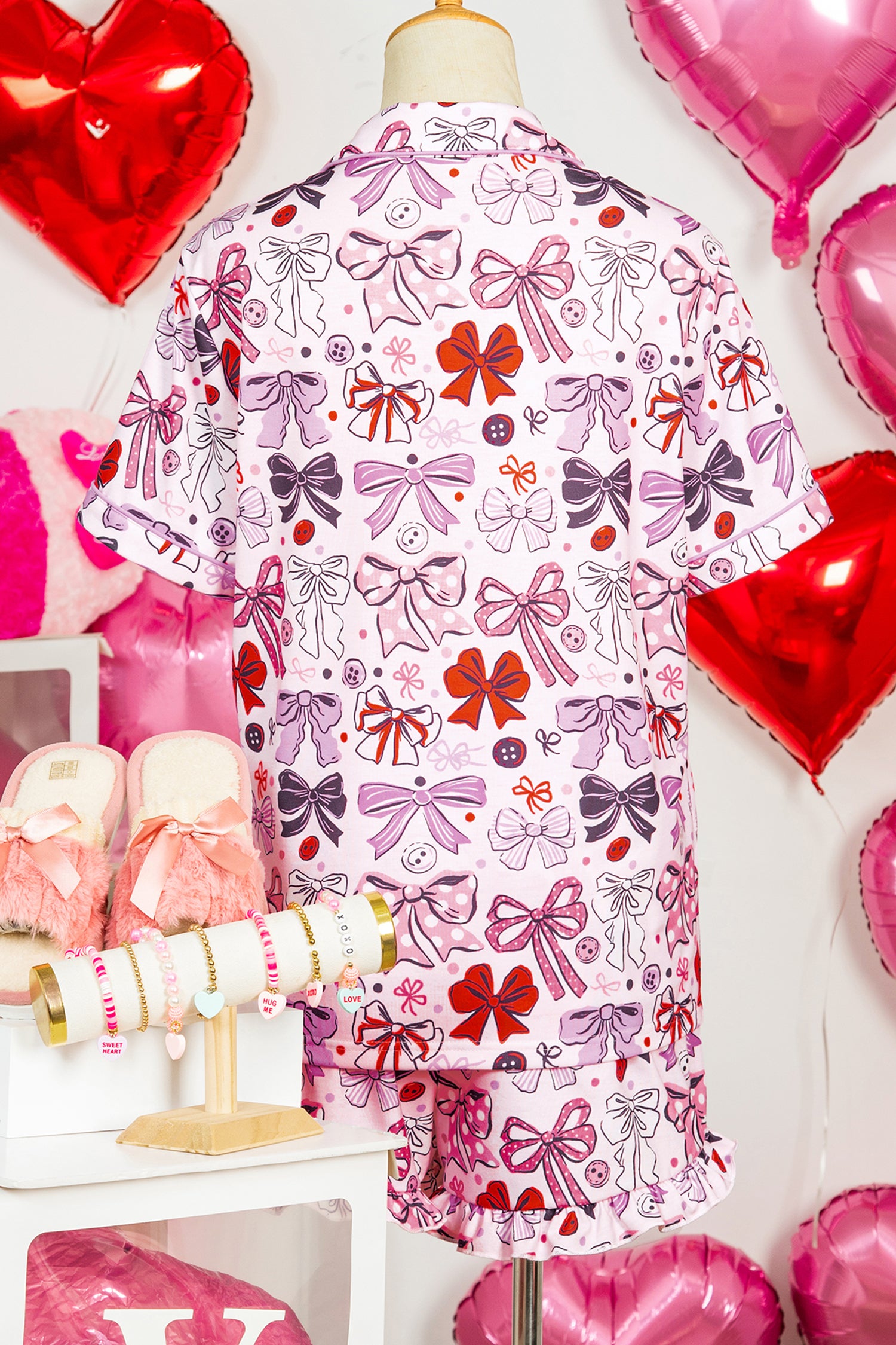 Pink Cute Ribbon Bows Printed Shirt Style 2pcs Short Pajama Set-Loungewear & Sleepwear/Loungewear-[Adult]-[Female]-2022 Online Blue Zone Planet