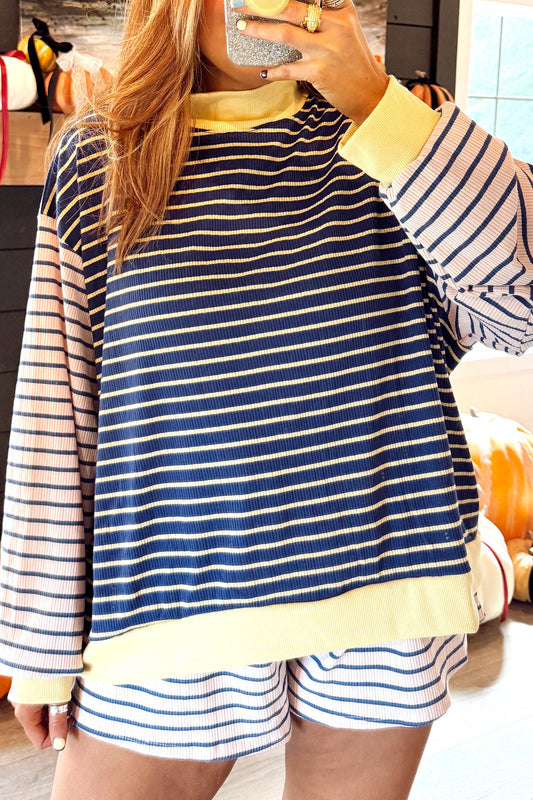 Blue Stripe Color Block Long Sleeve Pullover Ribbed Knit Casual Shorts Set-Two Piece Sets/Short Sets-[Adult]-[Female]-2022 Online Blue Zone Planet