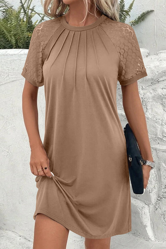 Light French Beige Contrast Lace Raglan Sleeve Pleated Detail Shift Dress-Dresses/T Shirt Dresses-[Adult]-[Female]-Light French Beige-S-2022 Online Blue Zone Planet
