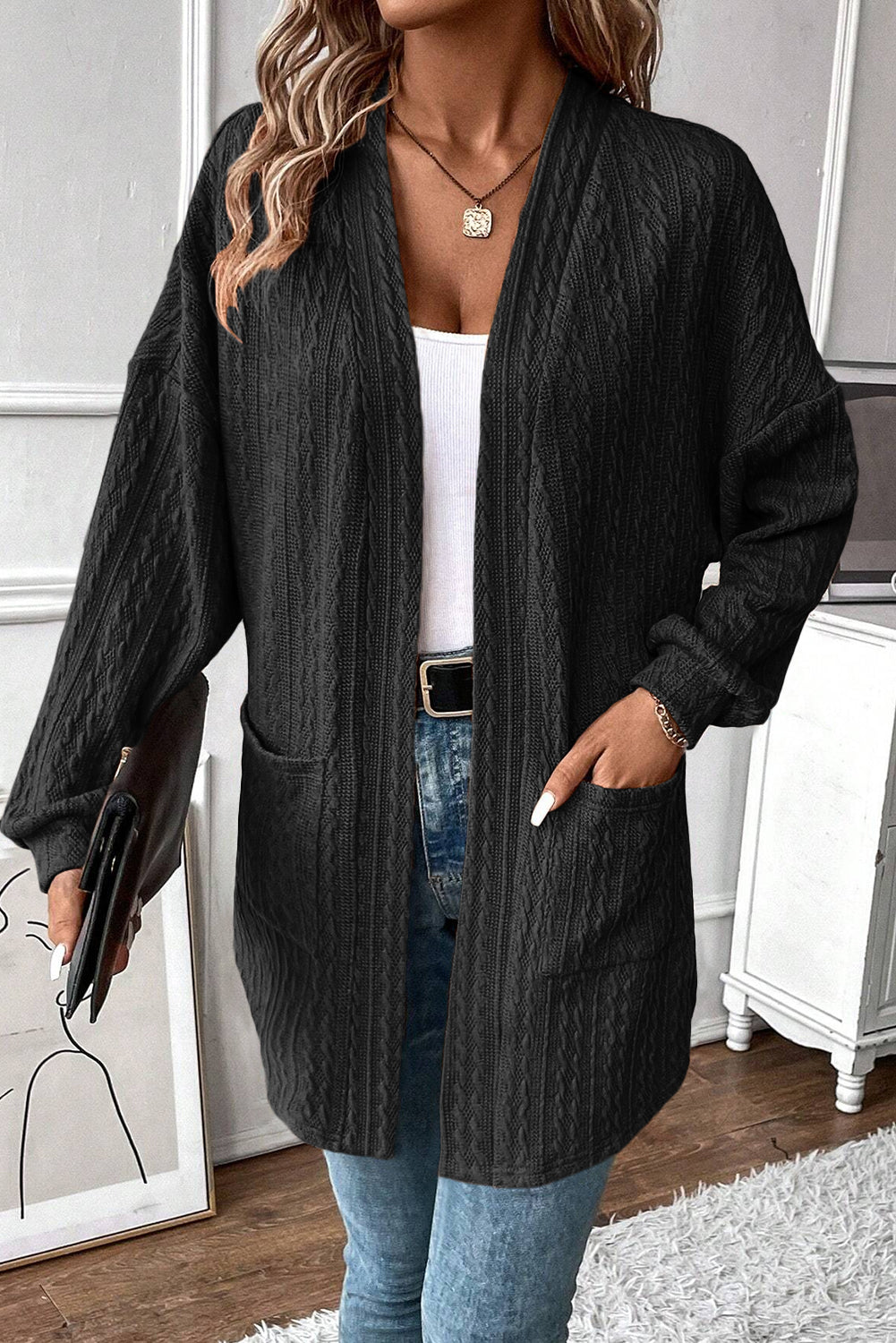 Canton Textured Knit Side Pockets Open Front Cardigan-Sweaters & Cardigans/Cardigans-[Adult]-[Female]-Black-S-2022 Online Blue Zone Planet