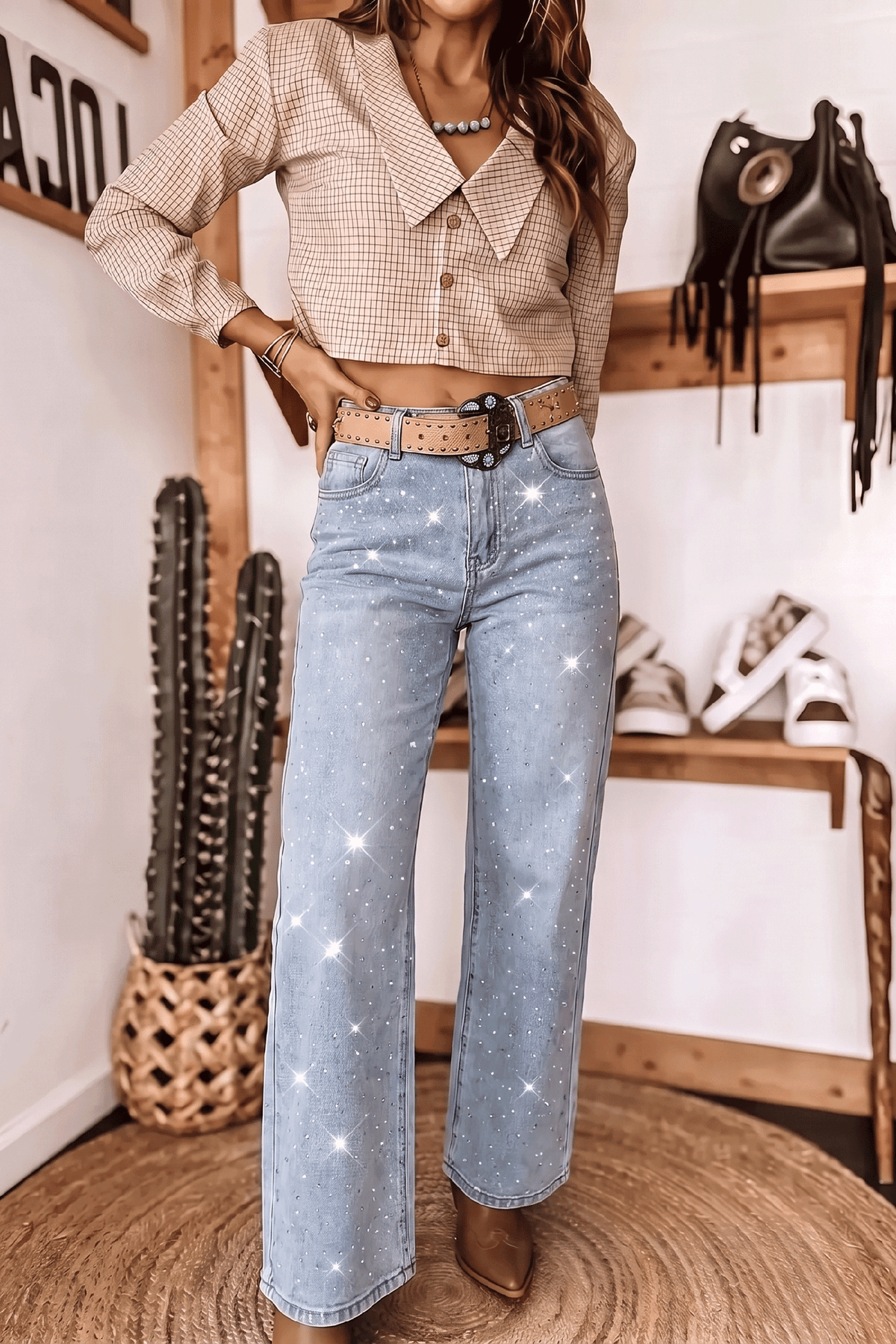 Beau Blue Sparkle Detail Western Casual Shift Jeans-Bottoms/Jeans-[Adult]-[Female]-2022 Online Blue Zone Planet