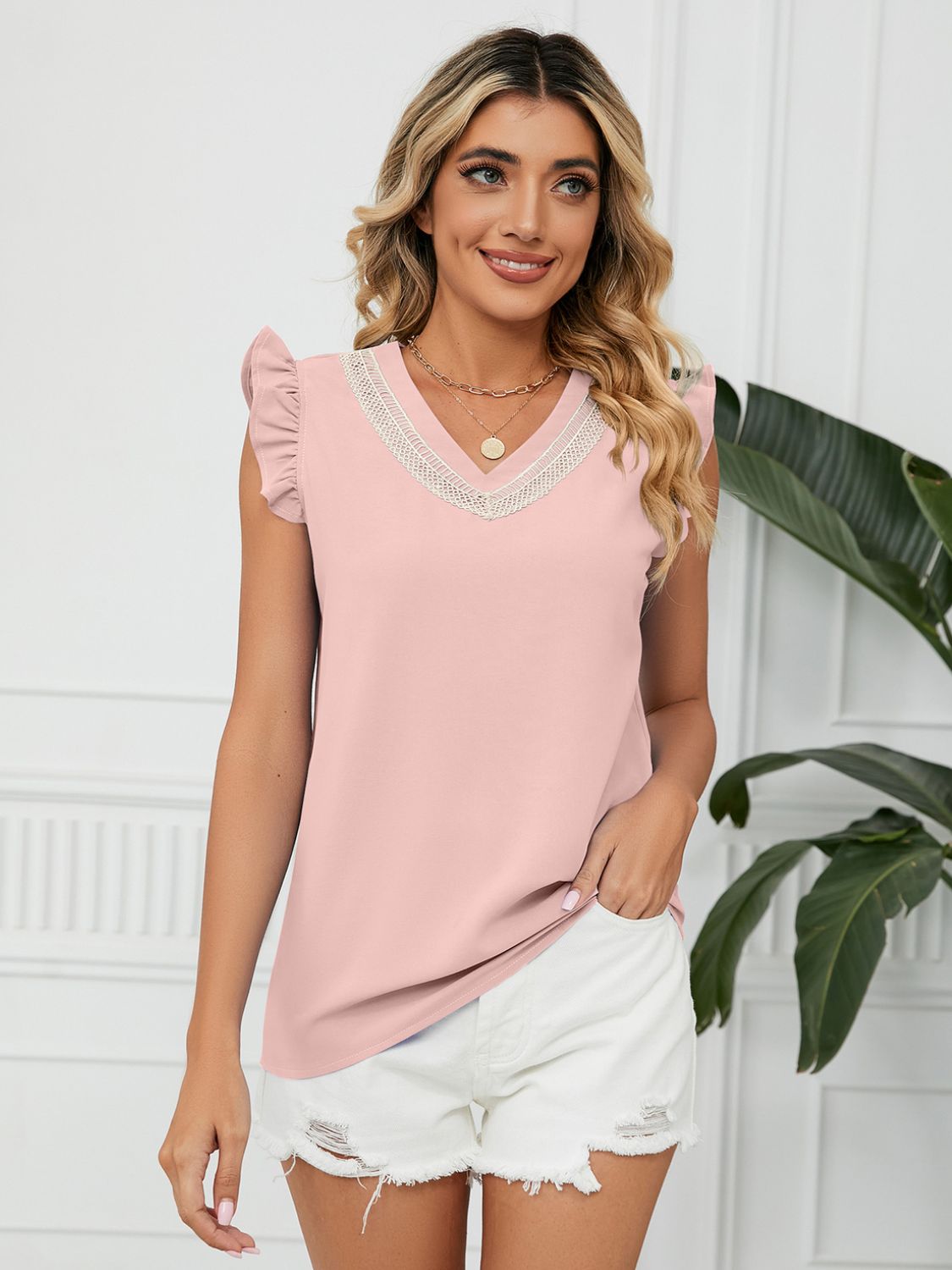 Ruffled V-Neck Cap Sleeve Blouse-TOPS / DRESSES-[Adult]-[Female]-Blush Pink-S-2022 Online Blue Zone Planet