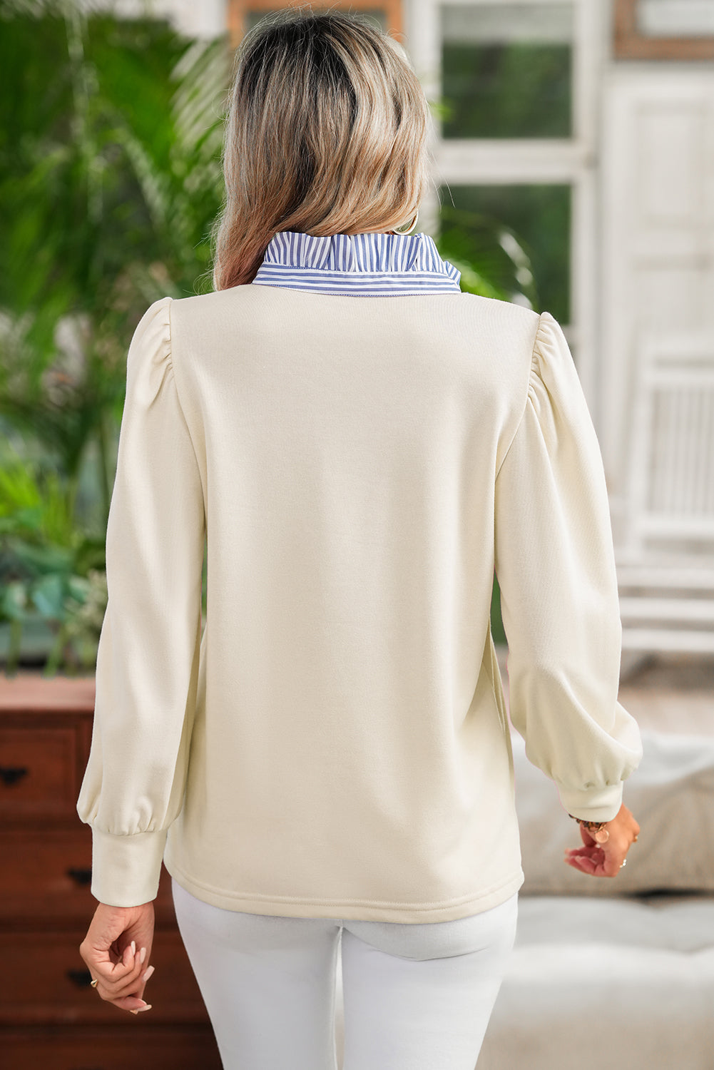 White Button Striped Collar Patchwork Puff Sleeve Sweatshirt-Tops/Sweatshirts & Hoodies-[Adult]-[Female]-2022 Online Blue Zone Planet