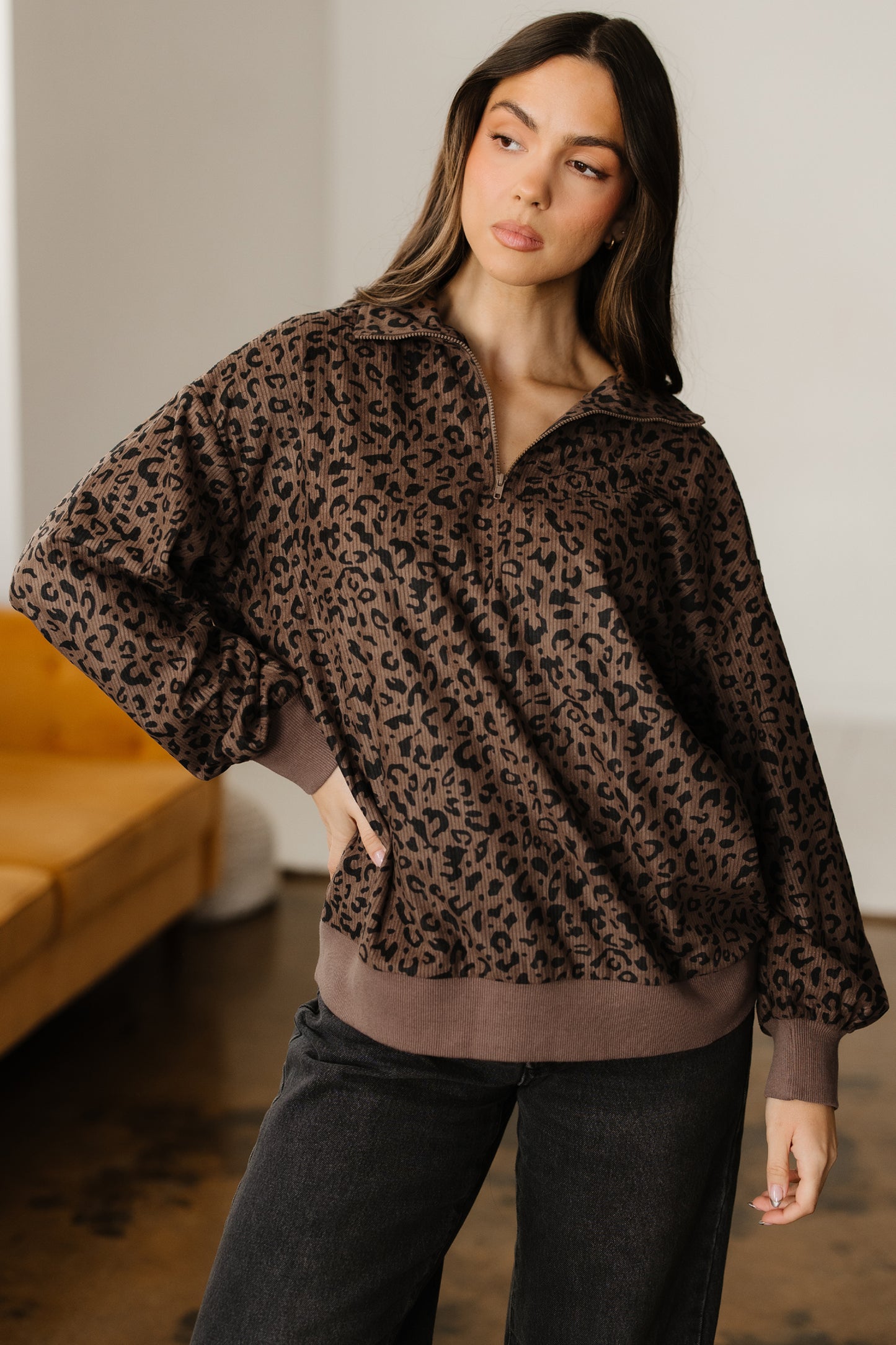 Brown Leopard Print Quarter Zip Corduroy Sweatshirt-Tops/Sweatshirts & Hoodies-[Adult]-[Female]-2022 Online Blue Zone Planet