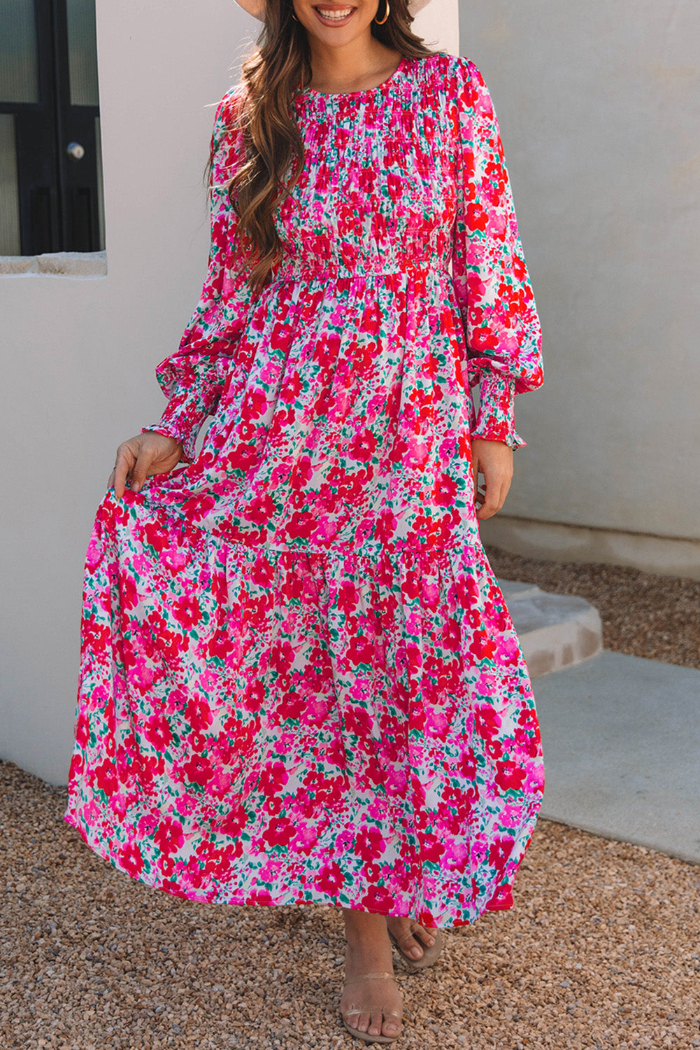 Blue Zone Planet | Sky Blue Floral Print Smocked Lantern Sleeve Tiered Maxi Dress-TOPS / DRESSES-[Adult]-[Female]-2022 Online Blue Zone Planet