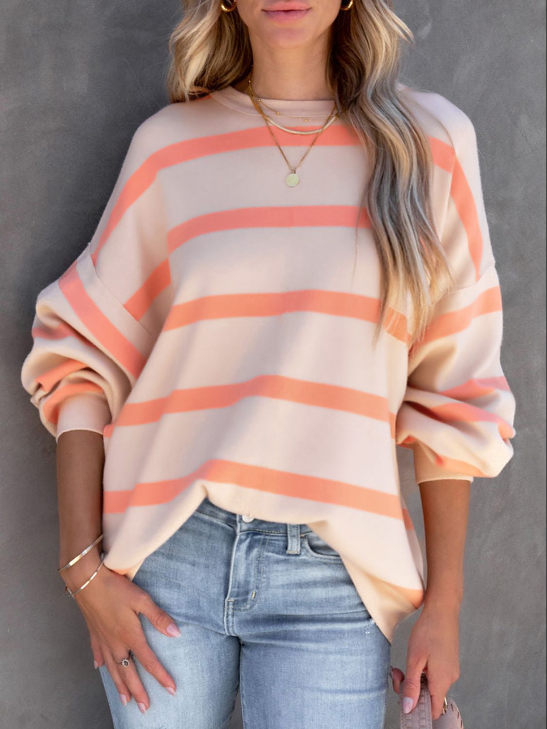 Blue Zone Planet | Striped Round Neck Long Sleeve Sweatshirt-TOPS / DRESSES-[Adult]-[Female]-Sherbet-M-2022 Online Blue Zone Planet