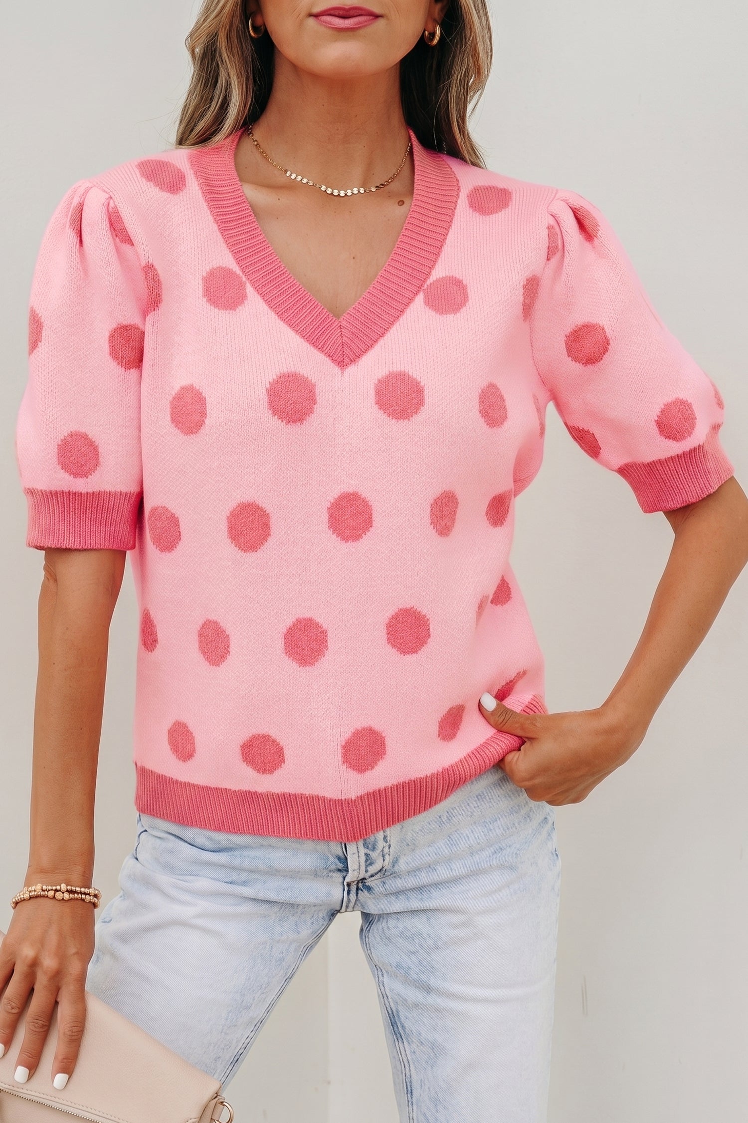 Rose Red Polka Dot Puff Short Sleeve Sweater Top-Sweaters & Cardigans/Short Sleeve Sweaters-[Adult]-[Female]-2022 Online Blue Zone Planet