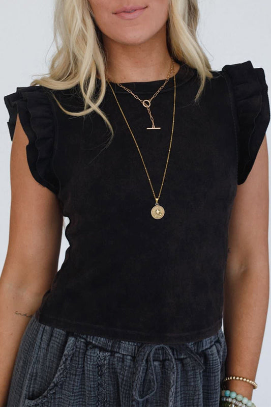 Black Ruffled Crew Neck Slim Fit Top-Tops/Blouses & Shirts-[Adult]-[Female]-Black-S-2022 Online Blue Zone Planet