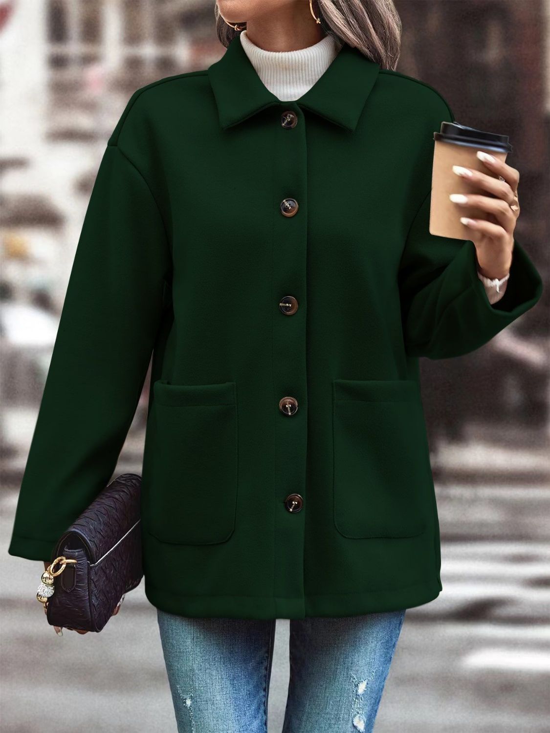 Pocketed Collared Neck Button Up Jacket-TOPS / DRESSES-[Adult]-[Female]-2022 Online Blue Zone Planet