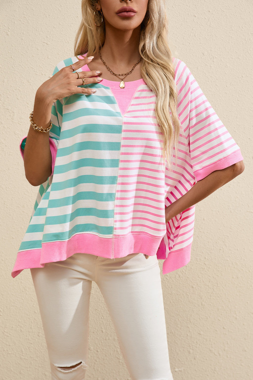 Pink Stripe Contrast Patchwork Oversized T Shirt-Tops/Tops & Tees-[Adult]-[Female]-Pink Stripe-S-2022 Online Blue Zone Planet