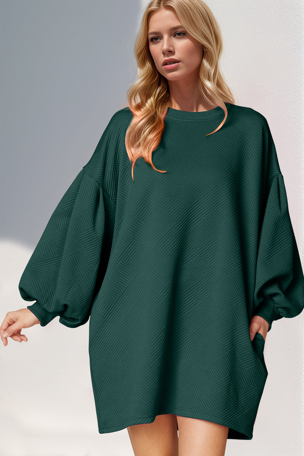 Double Take Drop Shoulder Lantern Sleeve Texture Mini Dress with Pockets-TOPS / DRESSES-[Adult]-[Female]-Dark Green-S-2022 Online Blue Zone Planet