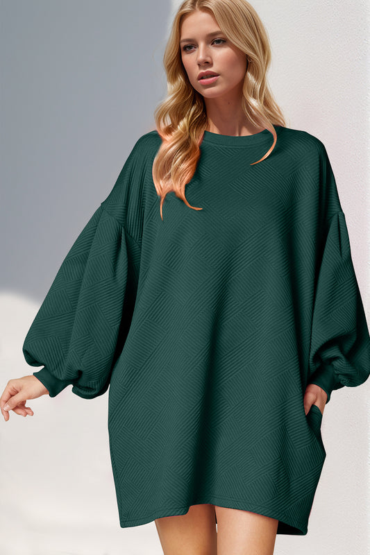 Double Take Drop Shoulder Lantern Sleeve Texture Mini Dress with Pockets-TOPS / DRESSES-[Adult]-[Female]-Dark Green-S-2022 Online Blue Zone Planet