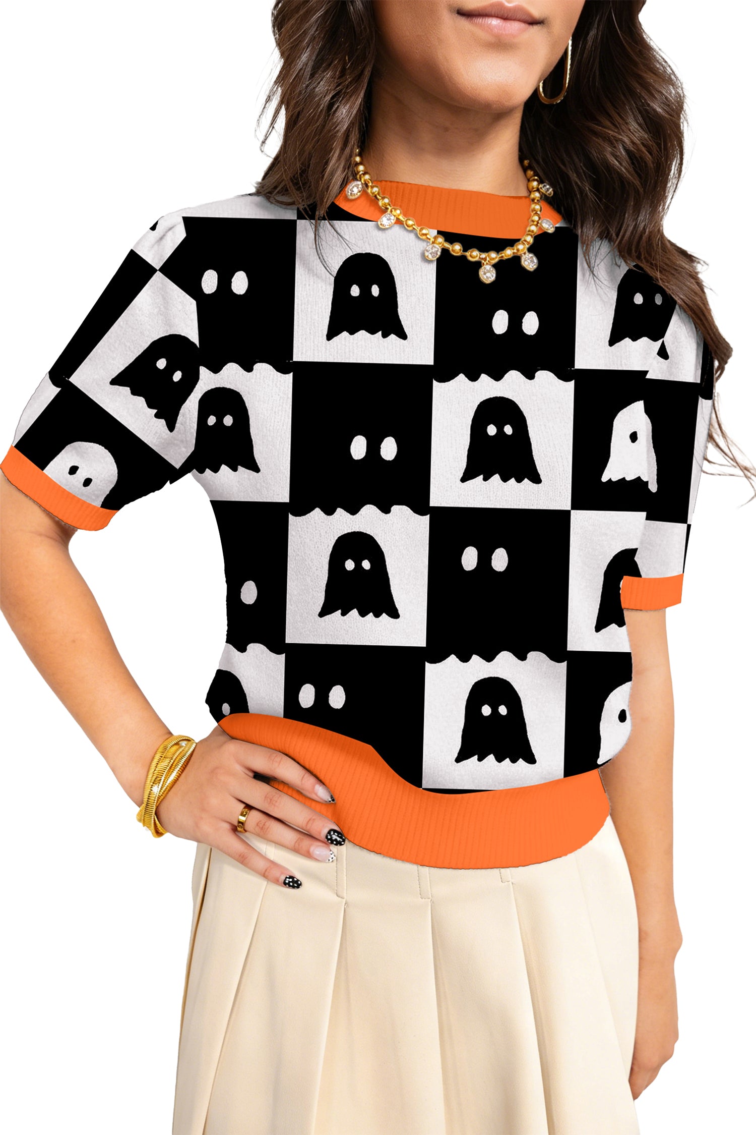 White Geometric Ghost Color Block Trim Short Sleeve Knit Sweater-Sweaters & Cardigans/Short Sleeve Sweaters-[Adult]-[Female]-2022 Online Blue Zone Planet
