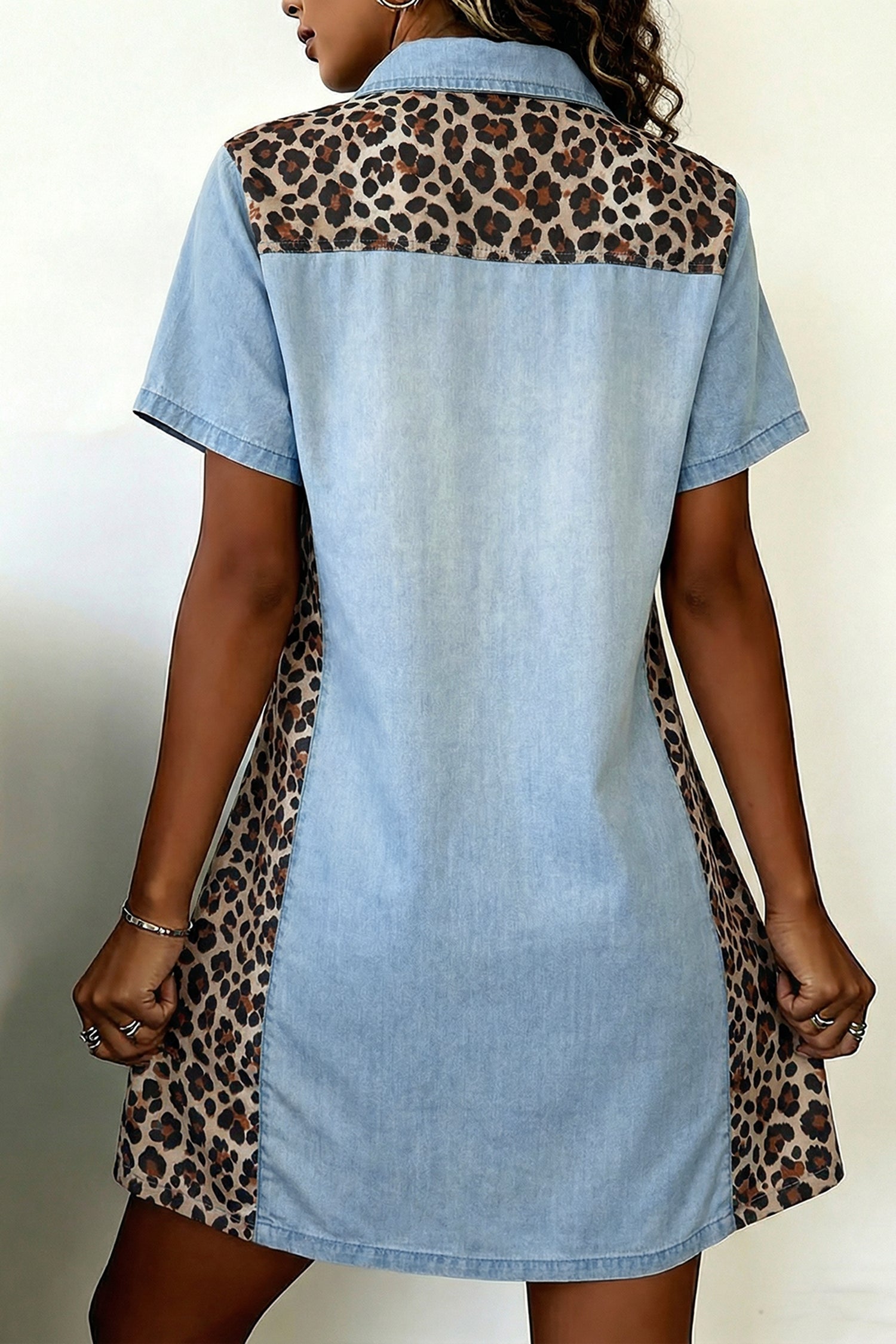 Myosotis Denim Color Block Leopard Patchwork Shirt Collar T Shirt Mini Dress-Dresses/T Shirt Dresses-[Adult]-[Female]-2022 Online Blue Zone Planet