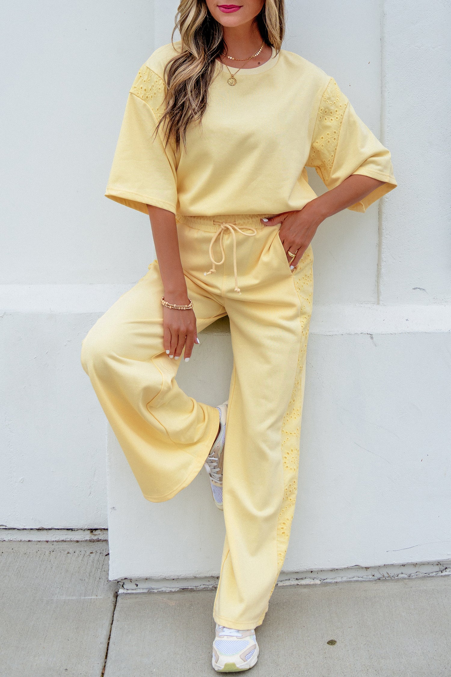Light Green Lace Patchwork Half Sleeve Top Elastic Waist Pants Two Piece Set-Two Piece Sets/Pant Sets-[Adult]-[Female]-2022 Online Blue Zone Planet