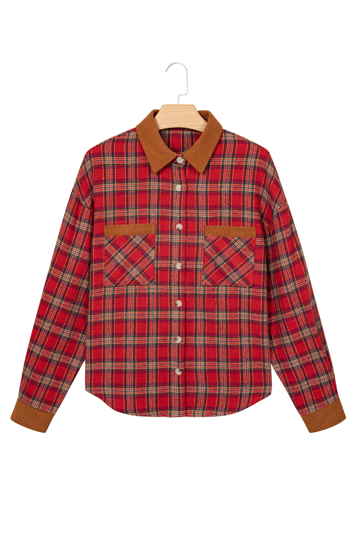 Red Casual Plaid Color Block Collared Button Shacket-Outerwear/Plaid Shackets-[Adult]-[Female]-2022 Online Blue Zone Planet