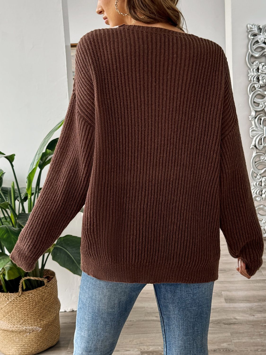 Contrast Dropped Shoulder Long Sleeve Sweater-TOPS / DRESSES-[Adult]-[Female]-2022 Online Blue Zone Planet