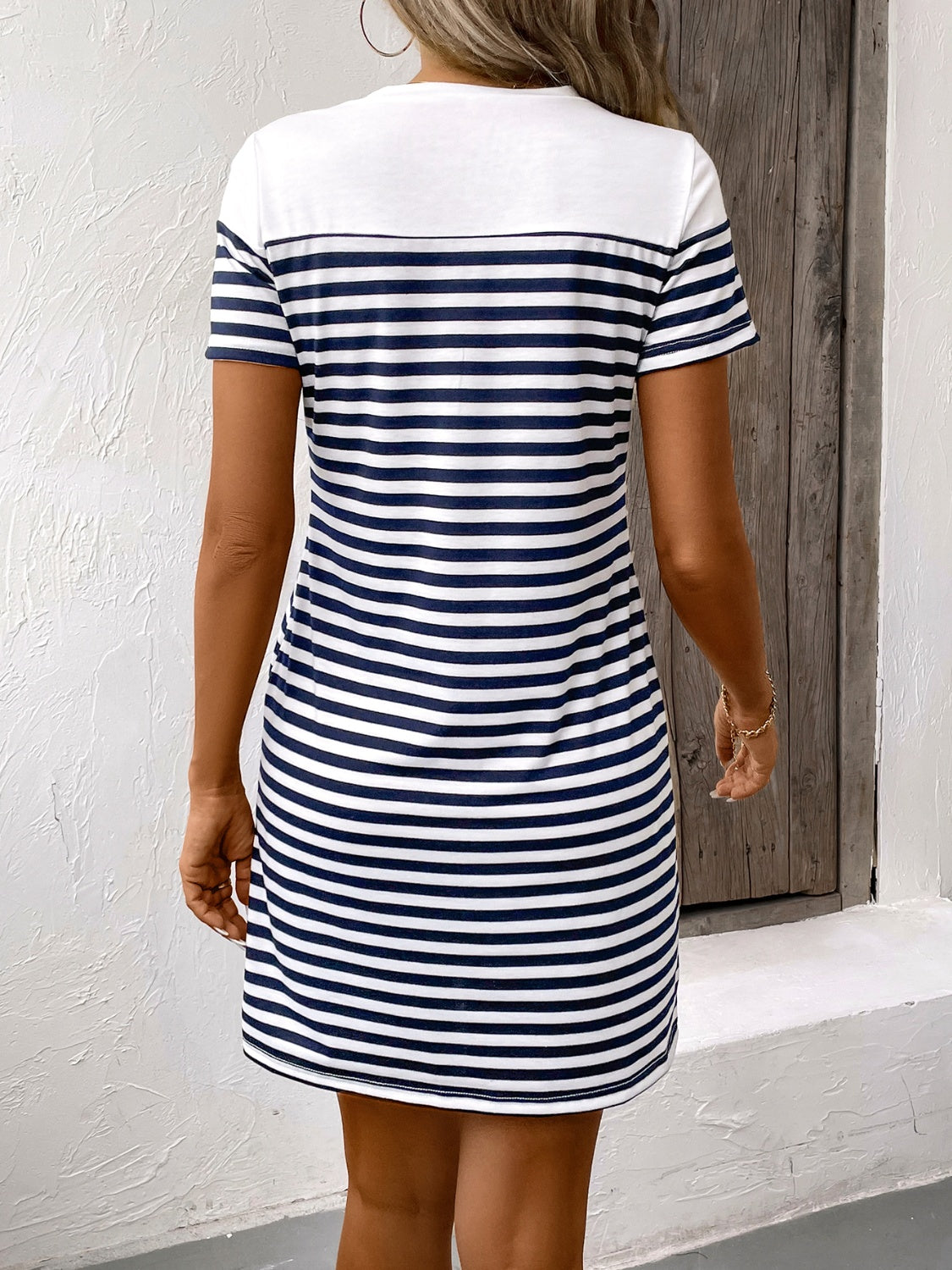 Striped Round Neck Short Sleeve Mini Dress-TOPS / DRESSES-[Adult]-[Female]-2022 Online Blue Zone Planet