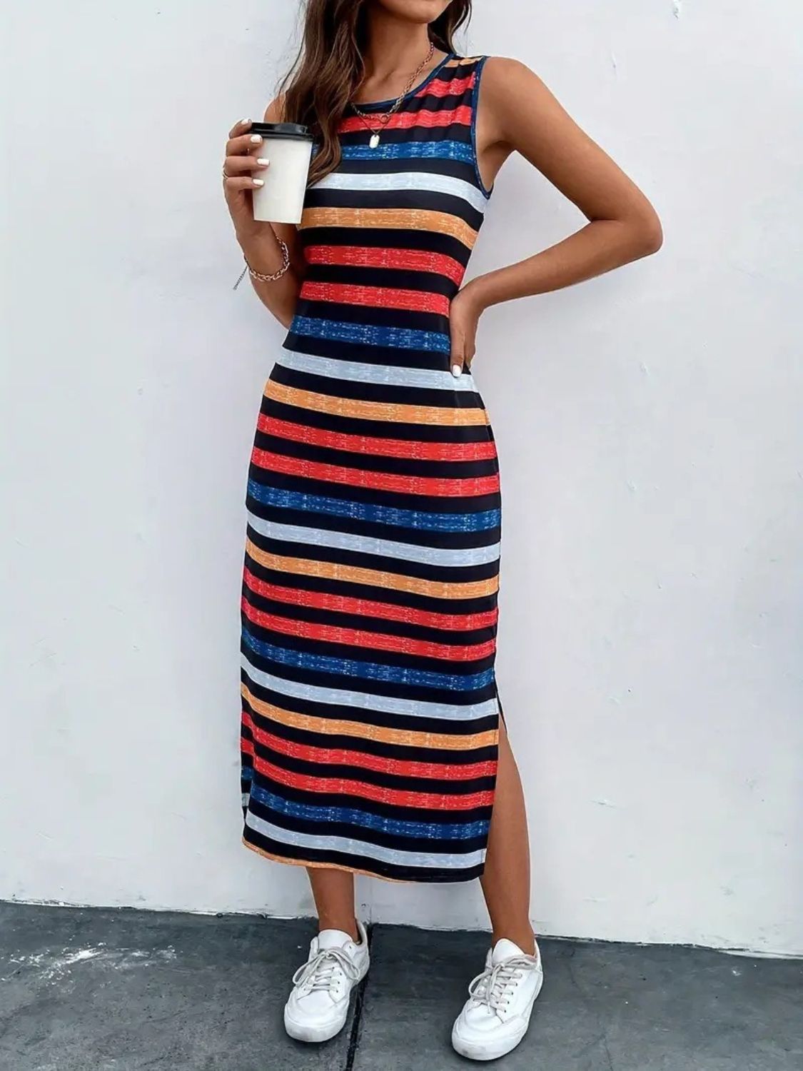 Slit Printed Round Neck Sleeveless Dress-TOPS / DRESSES-[Adult]-[Female]-Orange-Red-S-2022 Online Blue Zone Planet