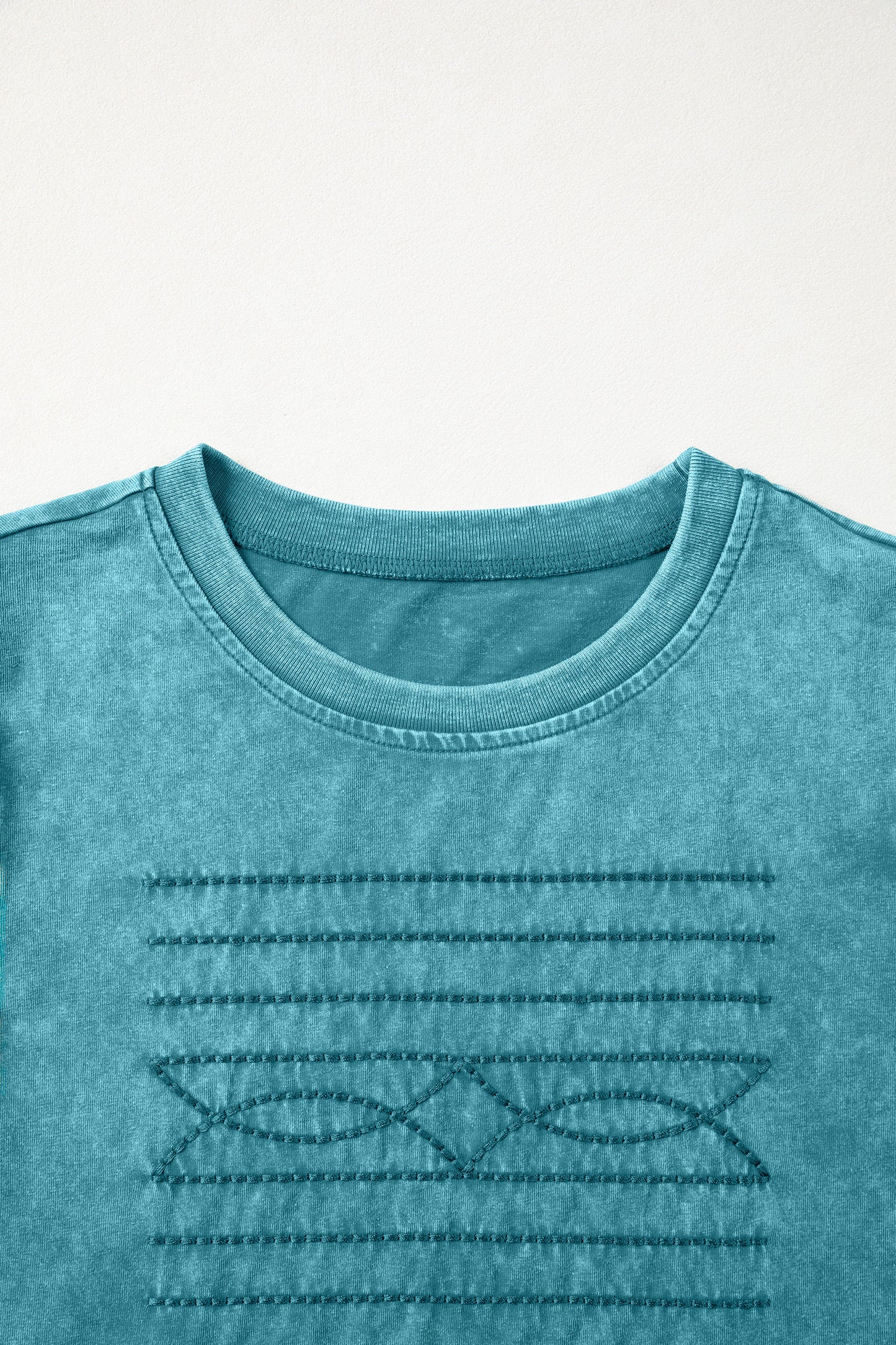 Turquoise Mineral Wash Western Embroidered Detail Short Puff Sleeve Cotton Tee-Tops/Tops & Tees-[Adult]-[Female]-2022 Online Blue Zone Planet