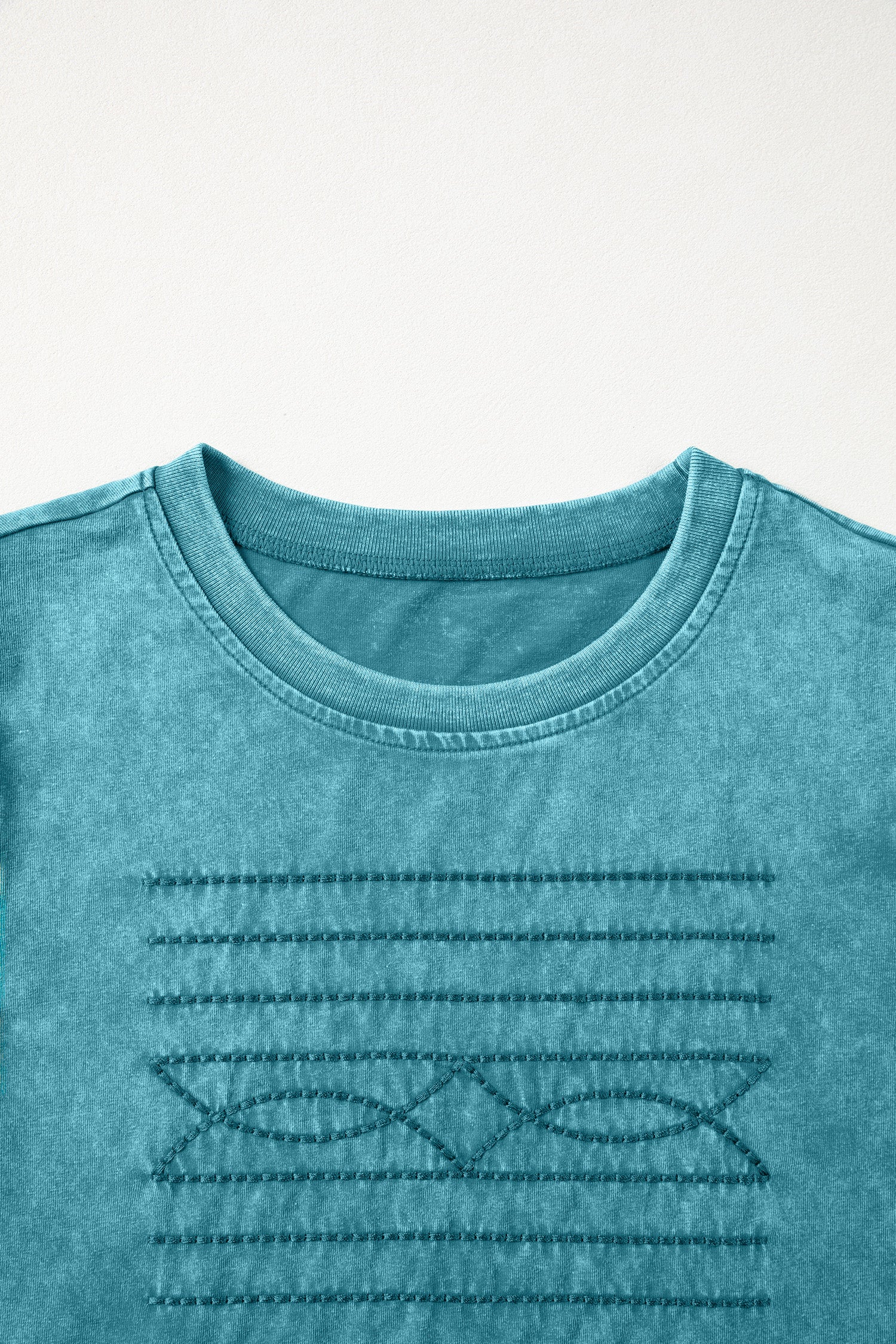 Turquoise Mineral Wash Western Embroidered Detail Short Puff Sleeve Cotton Tee-Tops/Tops & Tees-[Adult]-[Female]-2022 Online Blue Zone Planet