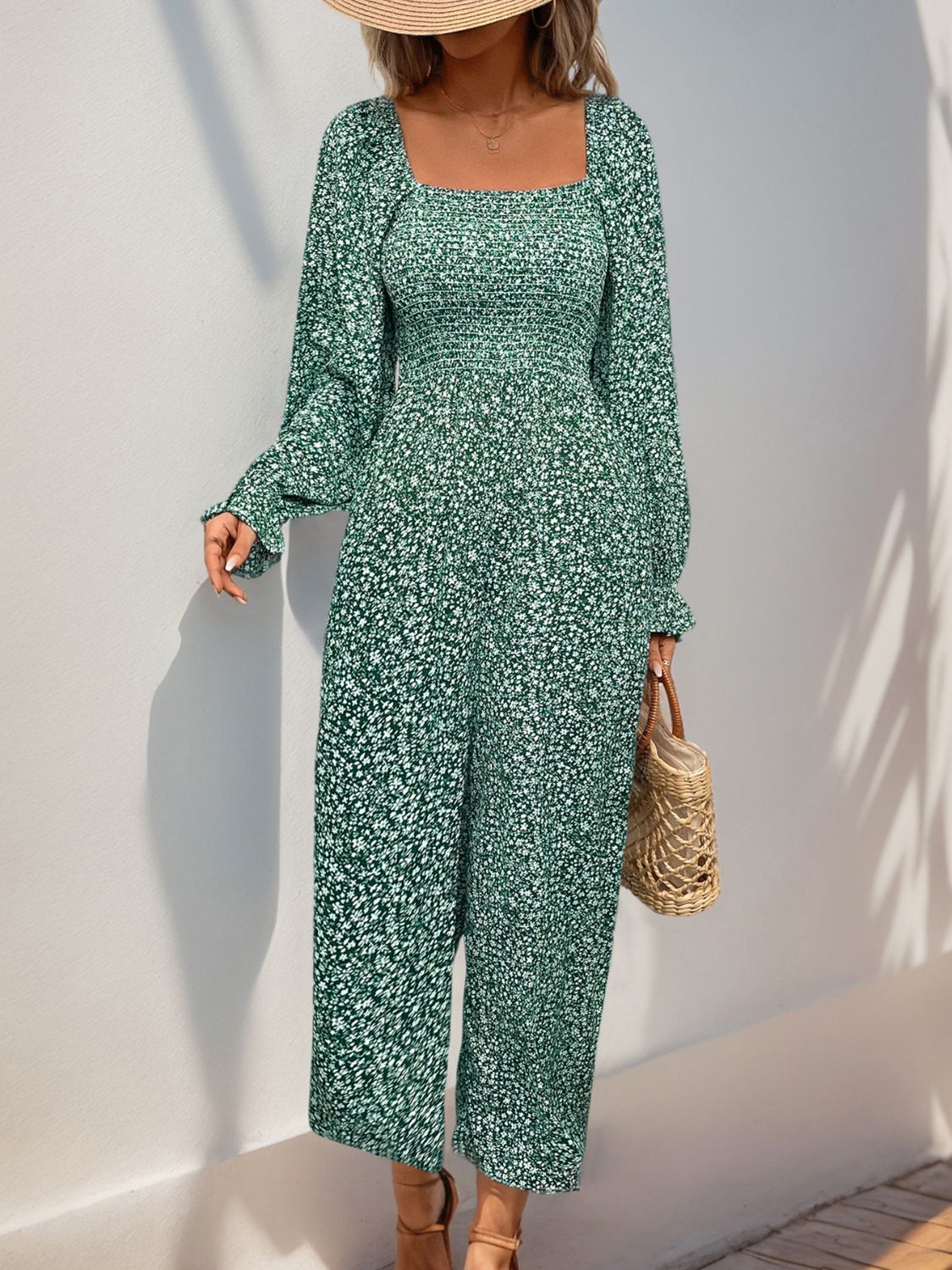 Perfee Smocked Printed Long Sleeve Wide Leg Jumpsuit-TOPS / DRESSES-[Adult]-[Female]-2022 Online Blue Zone Planet