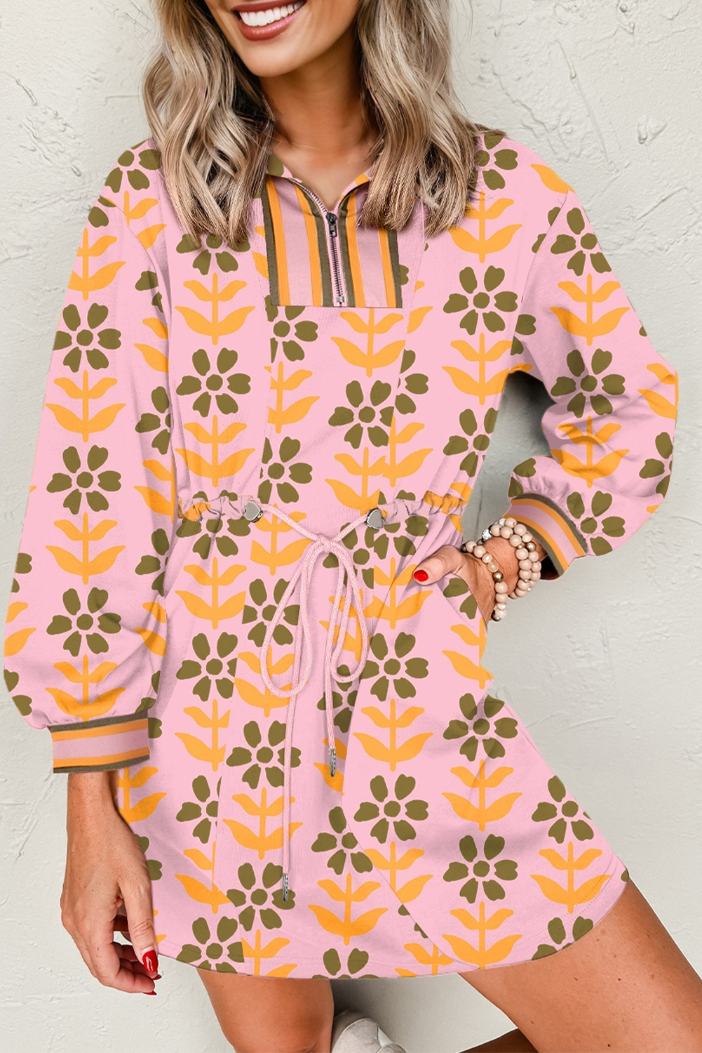 Pink Floral Print Zip Neck Striped Patchwork Long Sleeve Drawstring Dress-Dresses/Floral Dresses-[Adult]-[Female]-Pink-S-2022 Online Blue Zone Planet