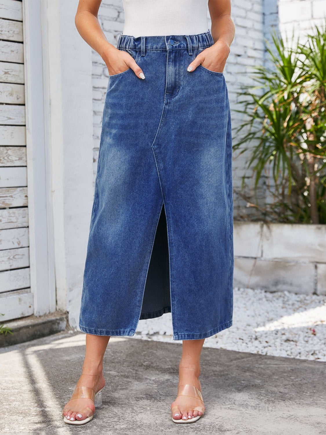 Slit Midi Denim Skirt with Pockets-BOTTOMS SIZES SMALL MEDIUM LARGE-[Adult]-[Female]-Dusty Blue-S-2022 Online Blue Zone Planet