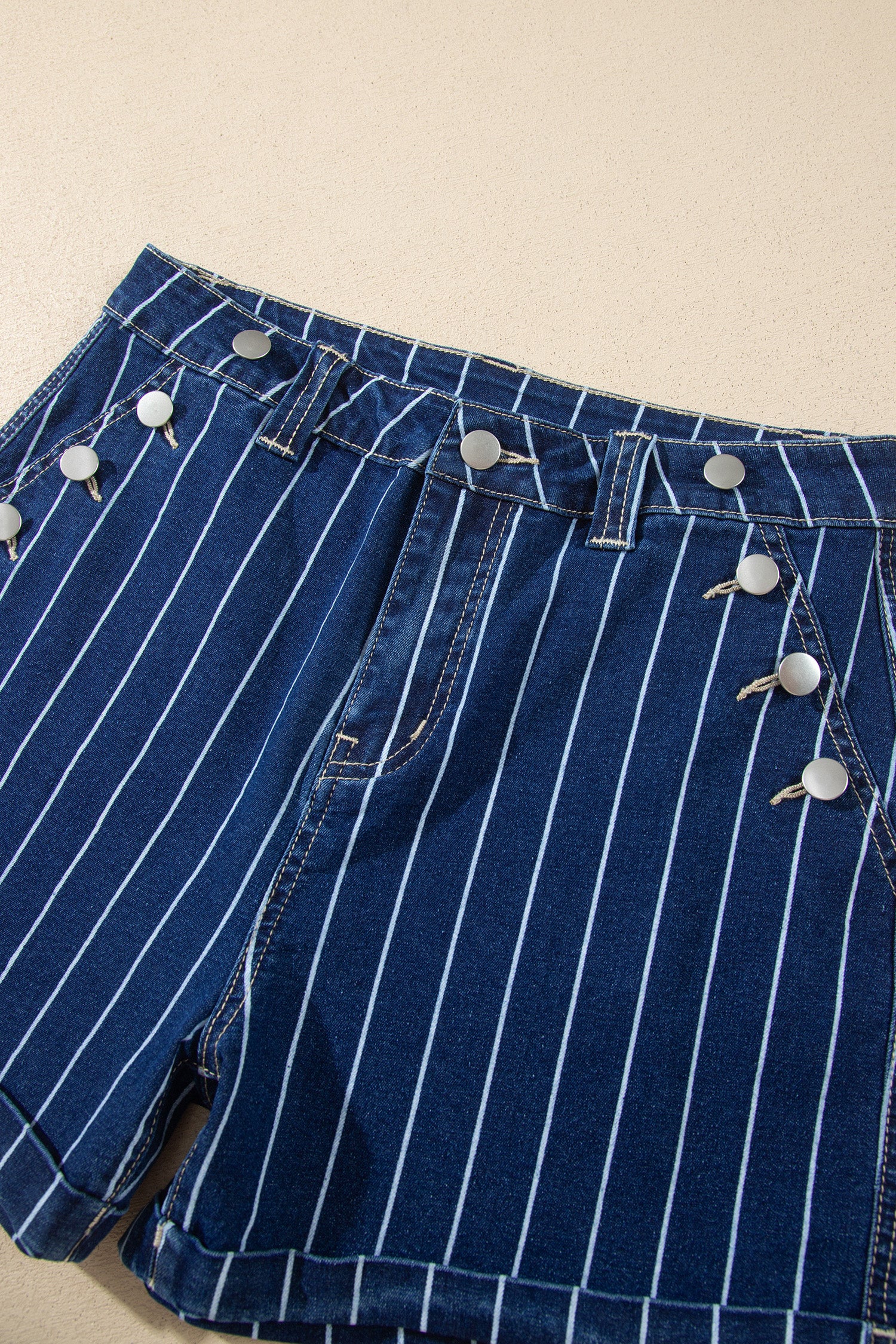 Blue Stripe Metal Button Detail Womens Denim Shorts-Bottoms/Denim Shorts-[Adult]-[Female]-2022 Online Blue Zone Planet