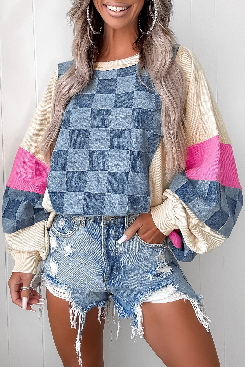 Sky Blue Oversized Checkered Denim Exposed Seam Patchwork Casual Sweatshirt-Tops/Sweatshirts & Hoodies-[Adult]-[Female]-Sky Blue-S-2022 Online Blue Zone Planet