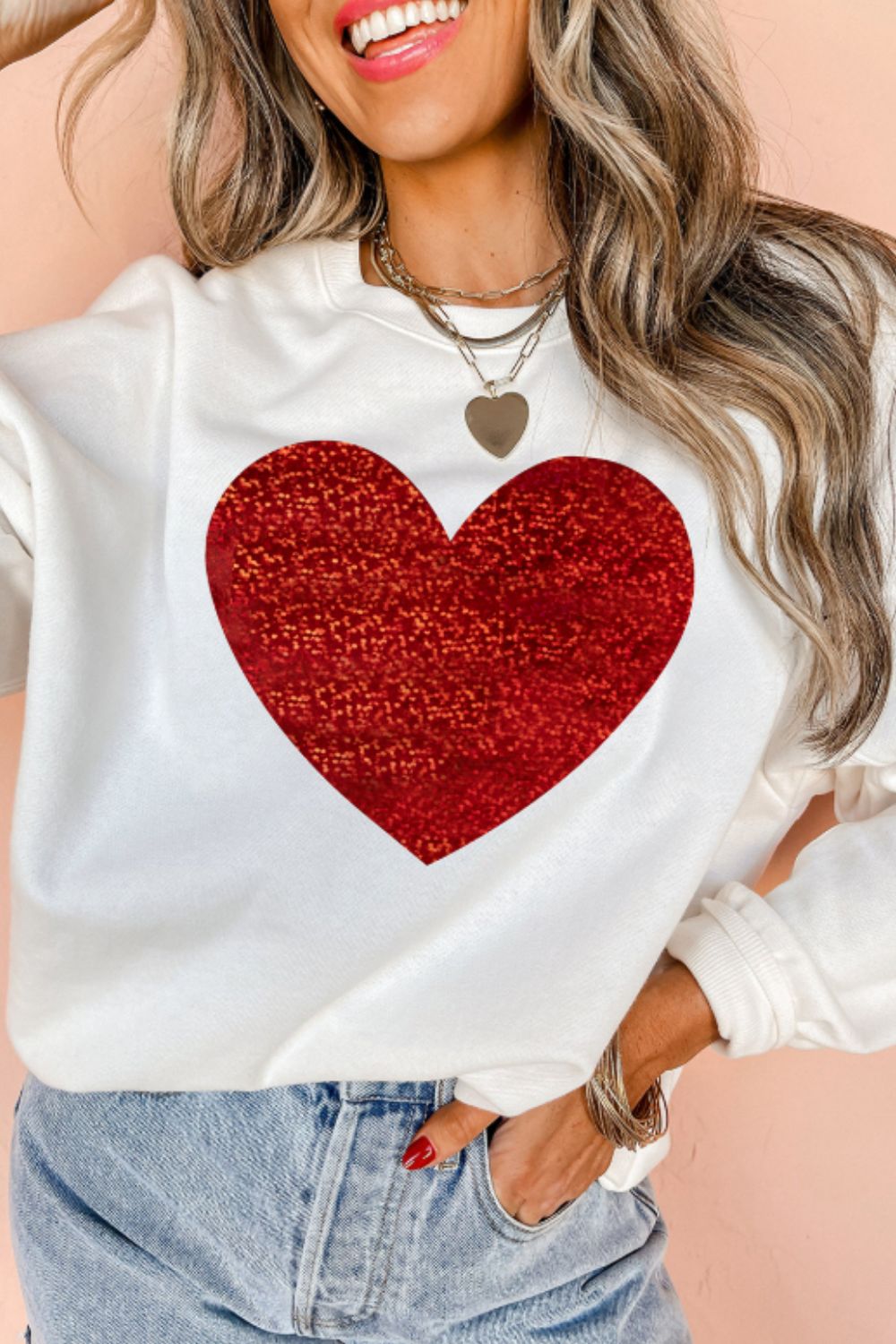 Valentine’s Day Heart Round Neck Long Sleeve Sweatshirt-TOPS / DRESSES-[Adult]-[Female]-White-S-2022 Online Blue Zone Planet