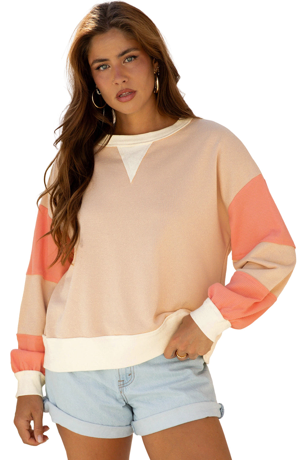 Light French Beige Color Block Textured Patchwork Pullover Sweatshirt-Tops/Sweatshirts & Hoodies-[Adult]-[Female]-2022 Online Blue Zone Planet