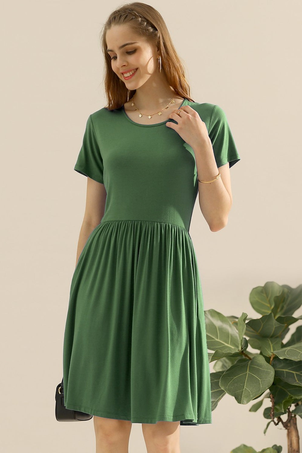 Ninexis Full Size Round Neck Ruched Dress with Pockets-TOPS / DRESSES-[Adult]-[Female]-OLIVE-S-2022 Online Blue Zone Planet