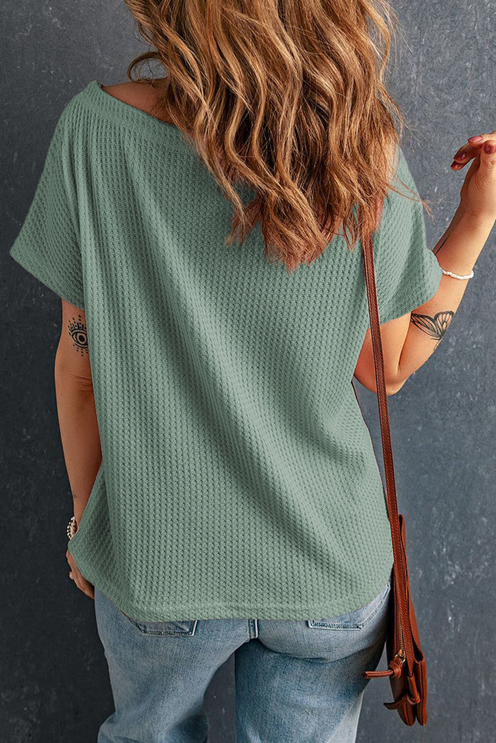 Mist Green Waffle Knit Boat Neck Short Sleeve Top-Tops/Tops & Tees-[Adult]-[Female]-2022 Online Blue Zone Planet