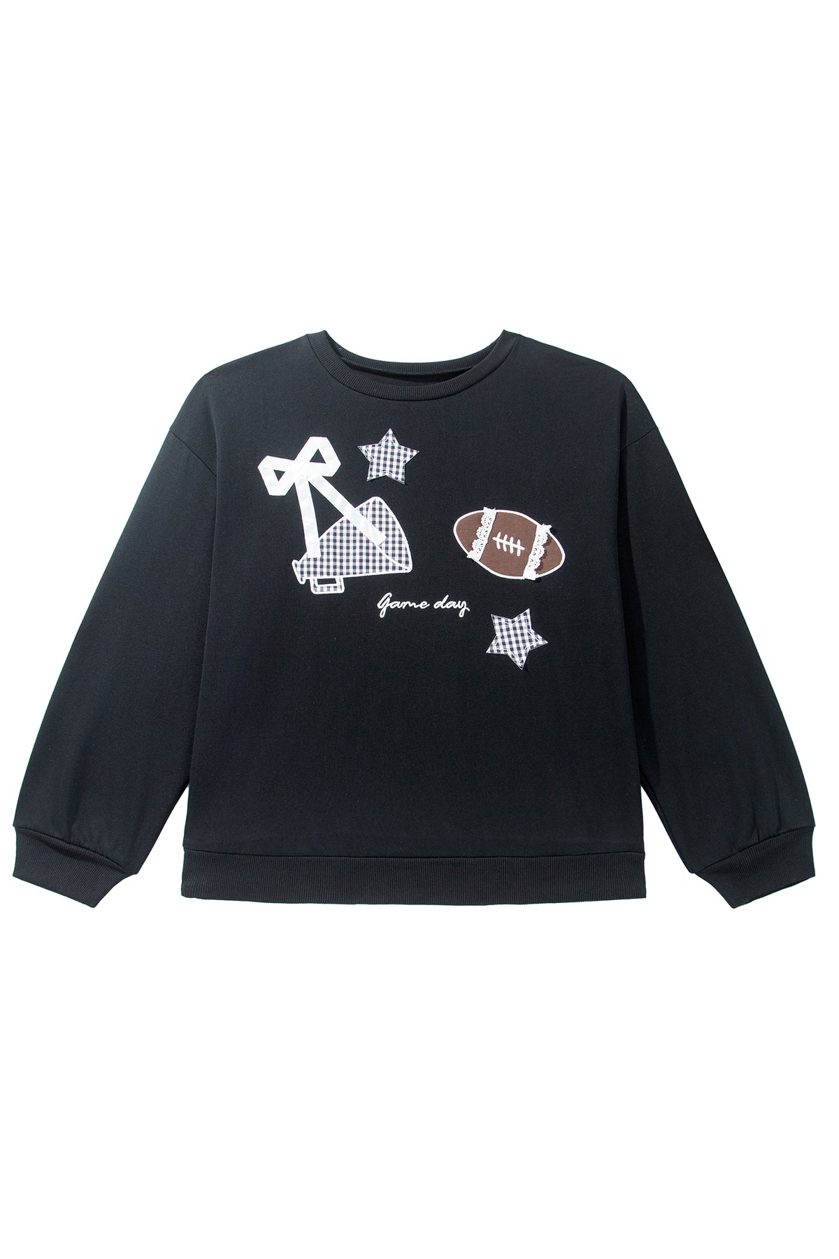 Black Rugby Game Day Patchwork Graphic Plus Size Sweatshirt-Plus Size/Plus Size Sweatshirts & Hoodies-[Adult]-[Female]-2022 Online Blue Zone Planet