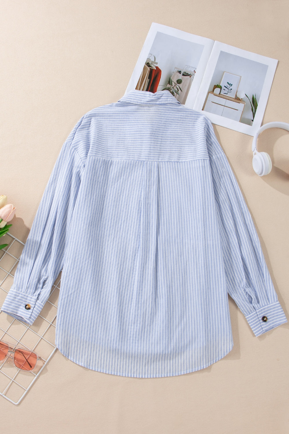 Blue Zone Planet | High-Low Striped Collared Neck Long Sleeve Shirt-SWEATERS-[Adult]-[Female]-2022 Online Blue Zone Planet