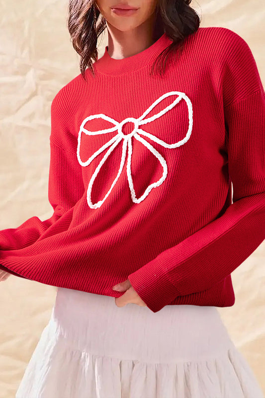 Fiery Red Bow Embroidered Graphic Ribbed Sweater Top-TOPS / DRESSES-[Adult]-[Female]-Fiery Red-S-2022 Online Blue Zone Planet