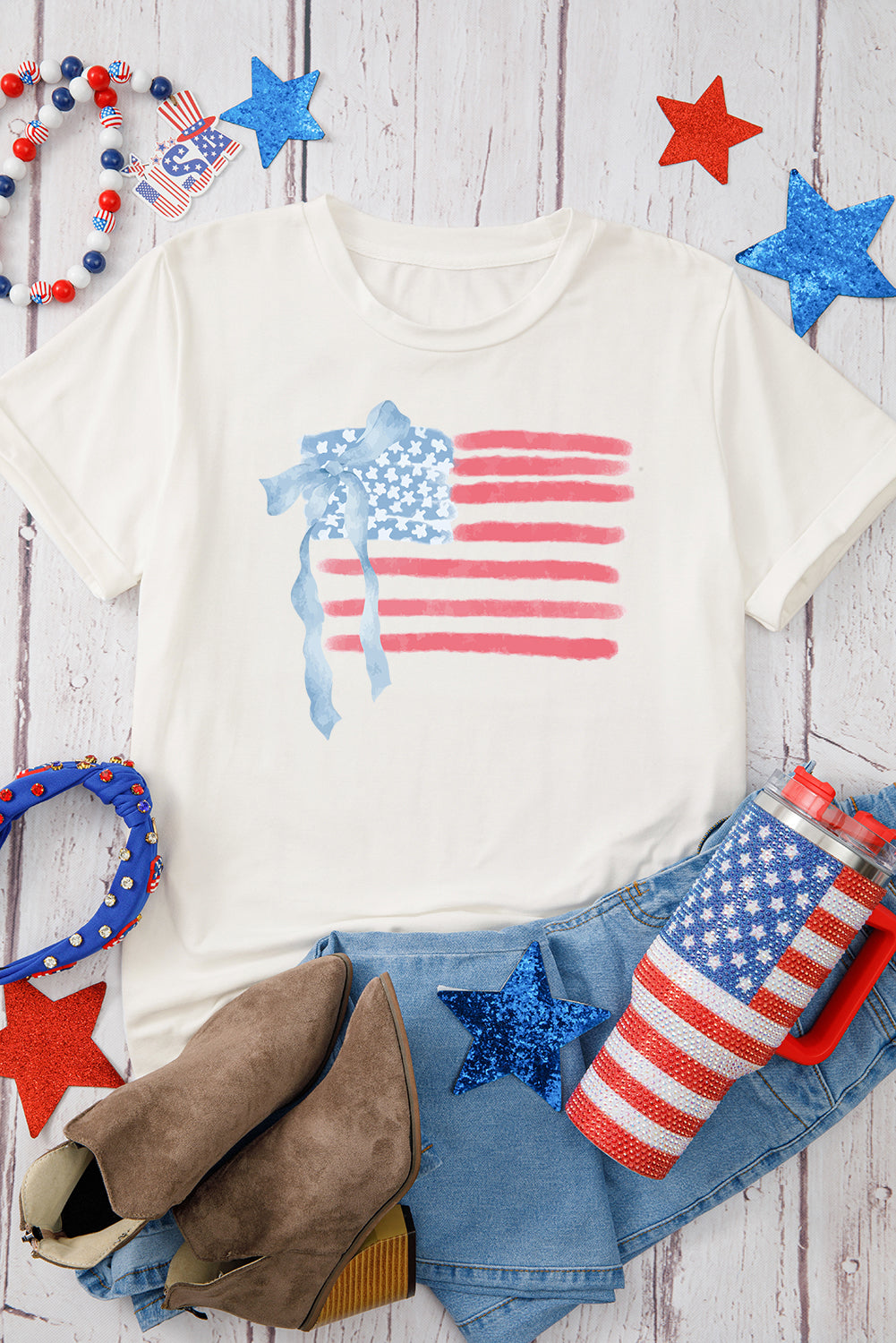 White American Flag Bow Knot Print Crew Neck T Shirt-Graphic/Graphic Tees-[Adult]-[Female]-2022 Online Blue Zone Planet