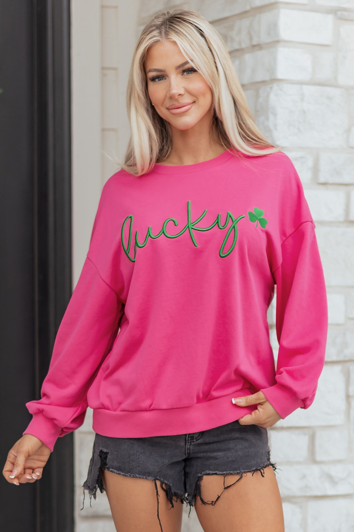 Rose Red Lucky Clover Embroidered Loose Pullover Sweatshirt-Tops/Sweatshirts & Hoodies-[Adult]-[Female]-2022 Online Blue Zone Planet