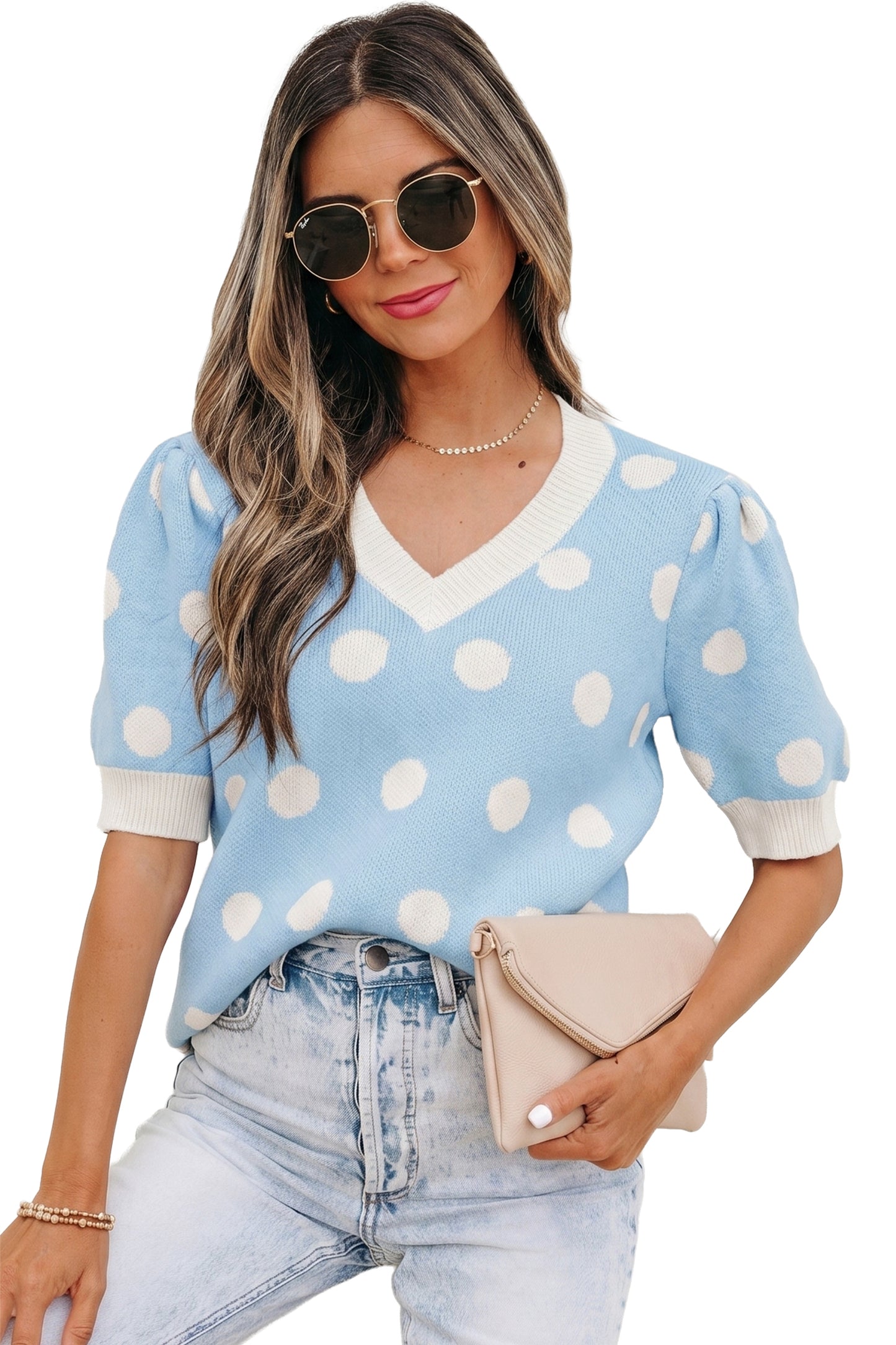 Rose Red Polka Dot Puff Short Sleeve Sweater Top-Sweaters & Cardigans/Short Sleeve Sweaters-[Adult]-[Female]-2022 Online Blue Zone Planet